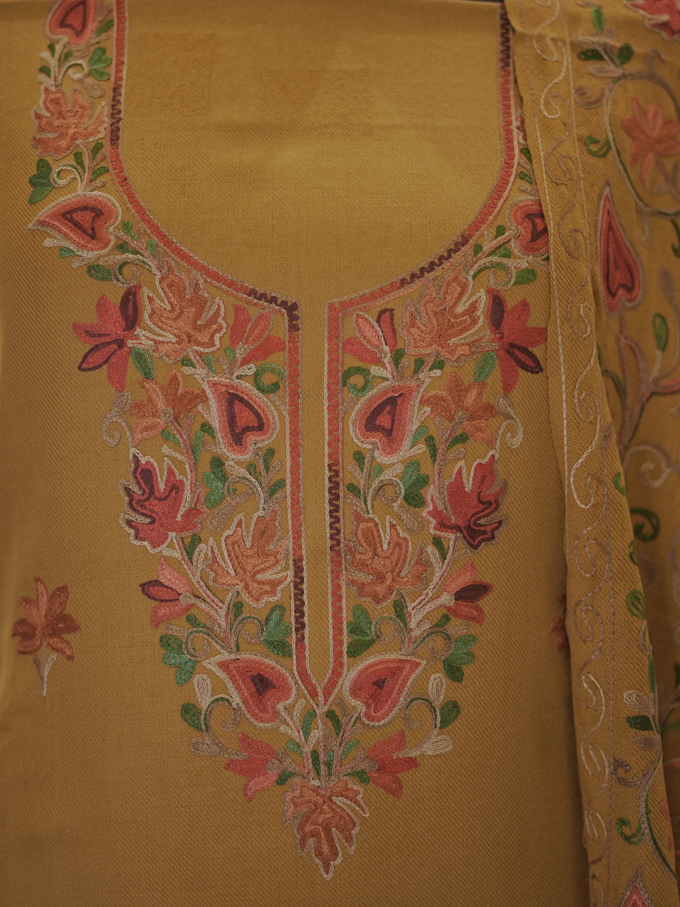 Turmeric Yellow Woven with Kashida Embroidery Semi Pashmina Winter Set