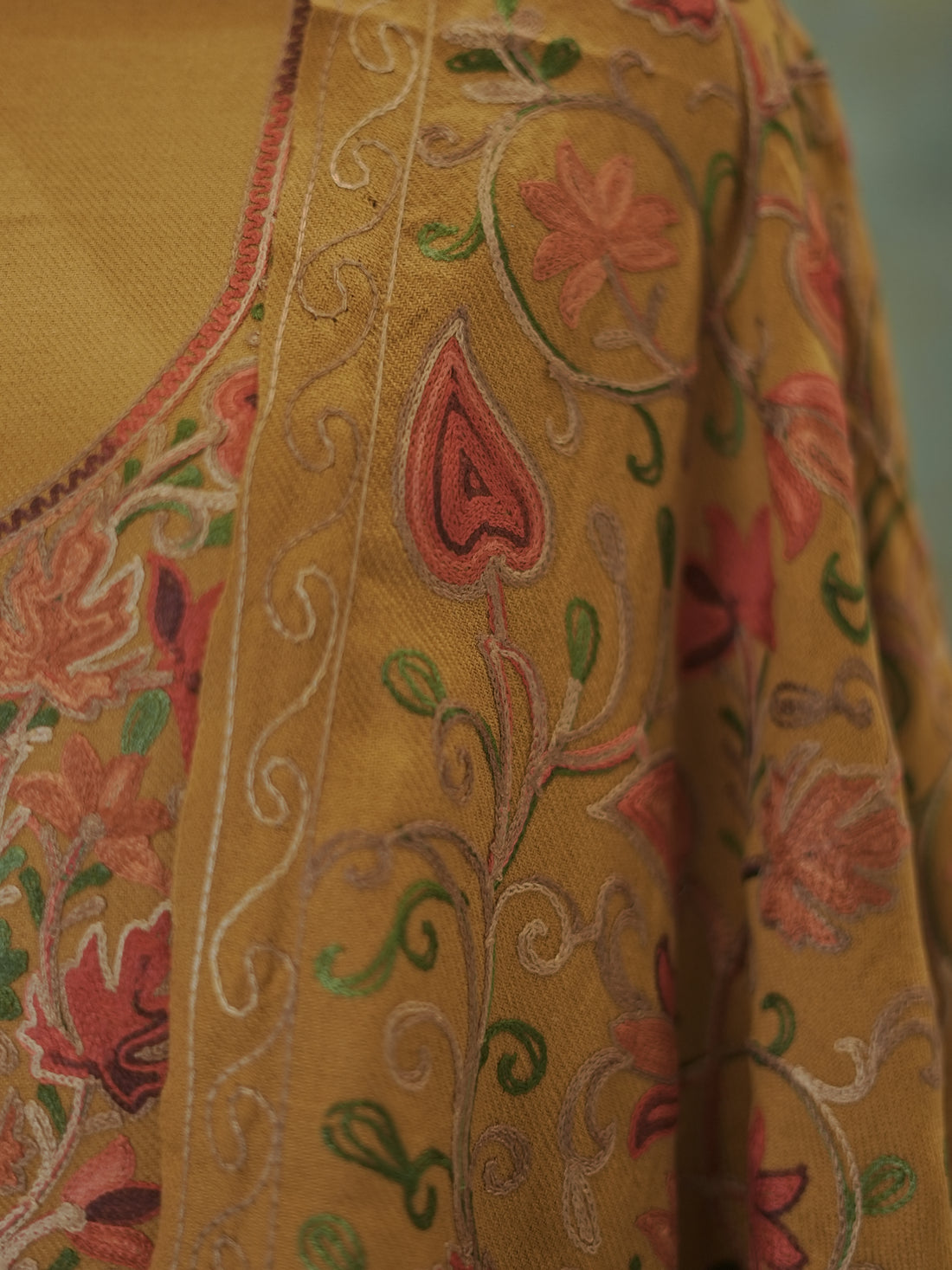 Turmeric Yellow Woven with Kashida Embroidery Semi Pashmina Winter Set
