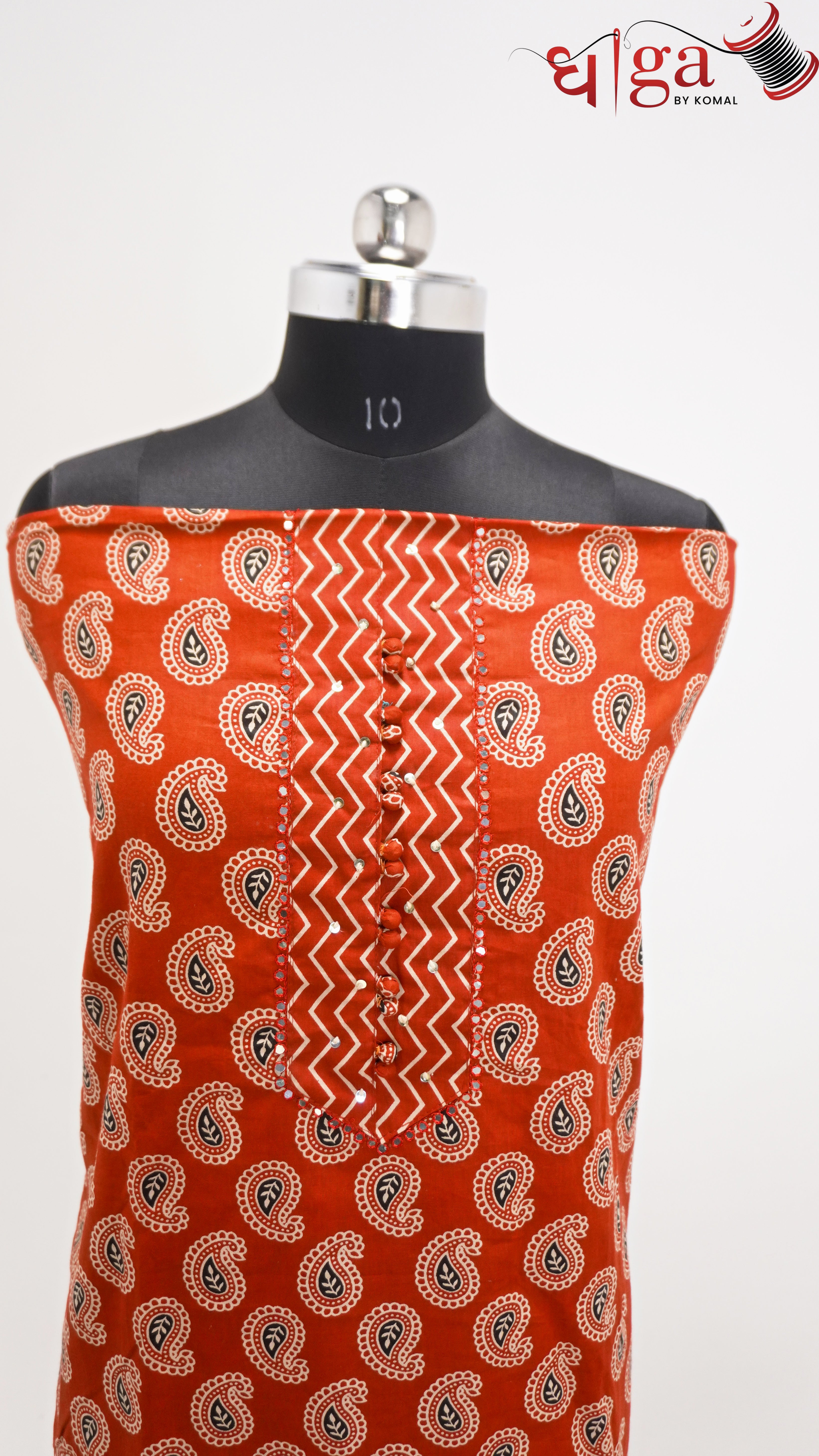 Rust Orange Printed Cotton Kurta Bottom Dupatta Set| 3 Pc Ethnic Set