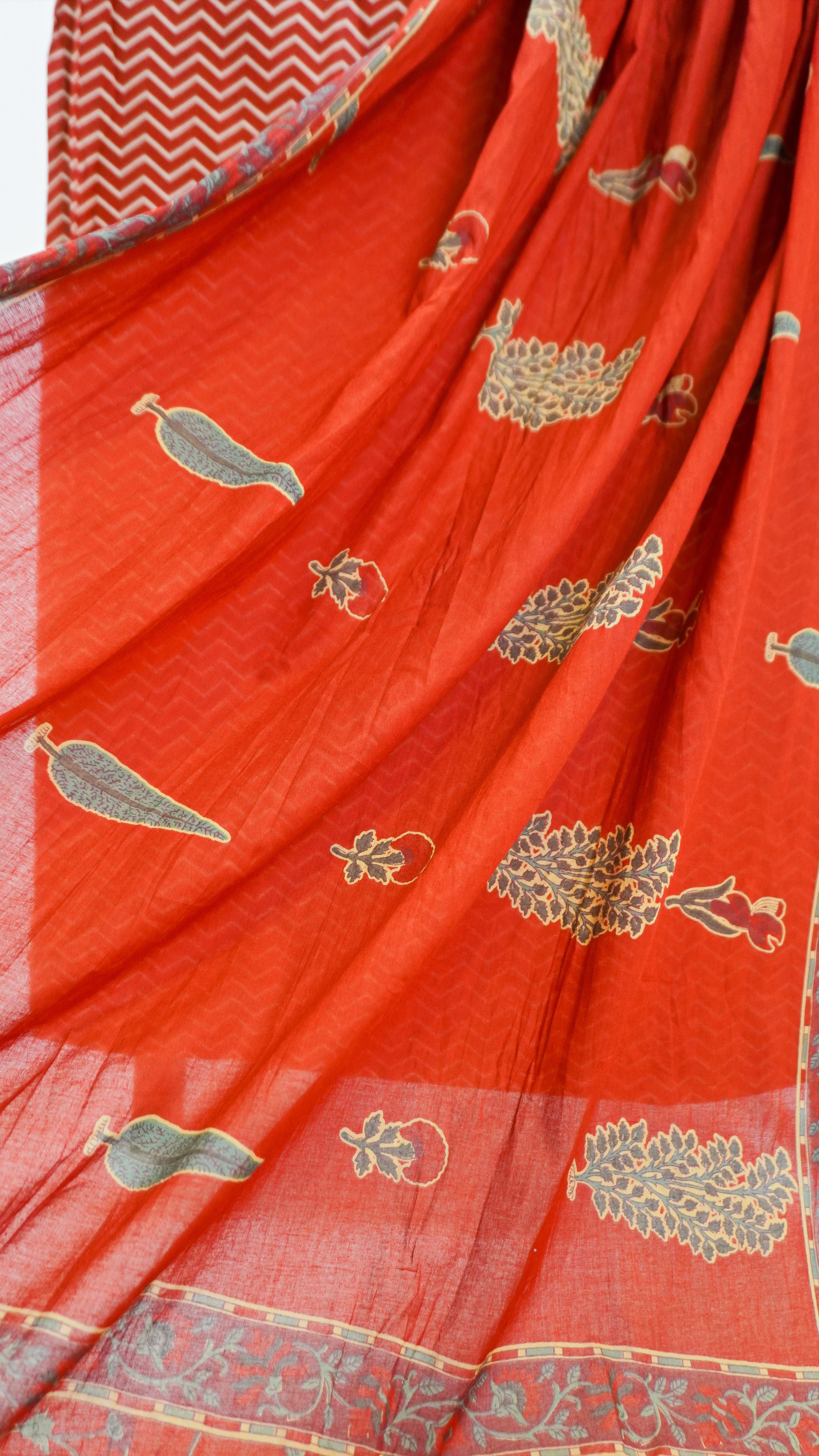 Rust Orange Printed Cotton Kurta Bottom Dupatta Set| 3 Pc Ethnic Set
