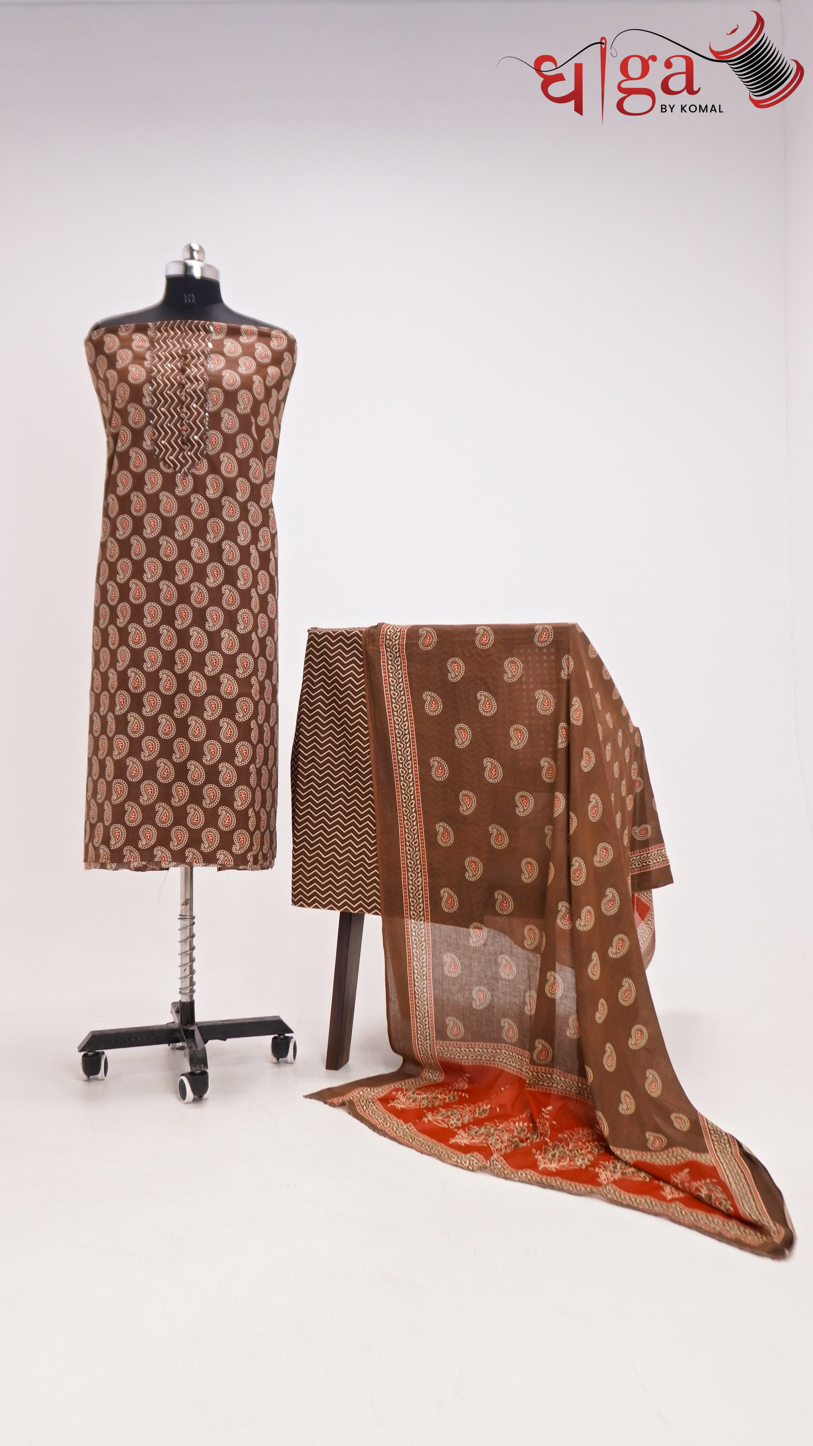 Mocha Brown Paisley Printed 3 Pc Suit Set with Dupatta