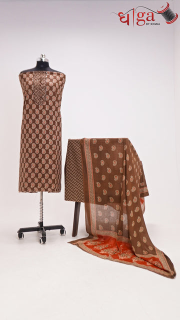 Mocha Brown Paisley Printed 3 Pc Suit Set with Dupatta