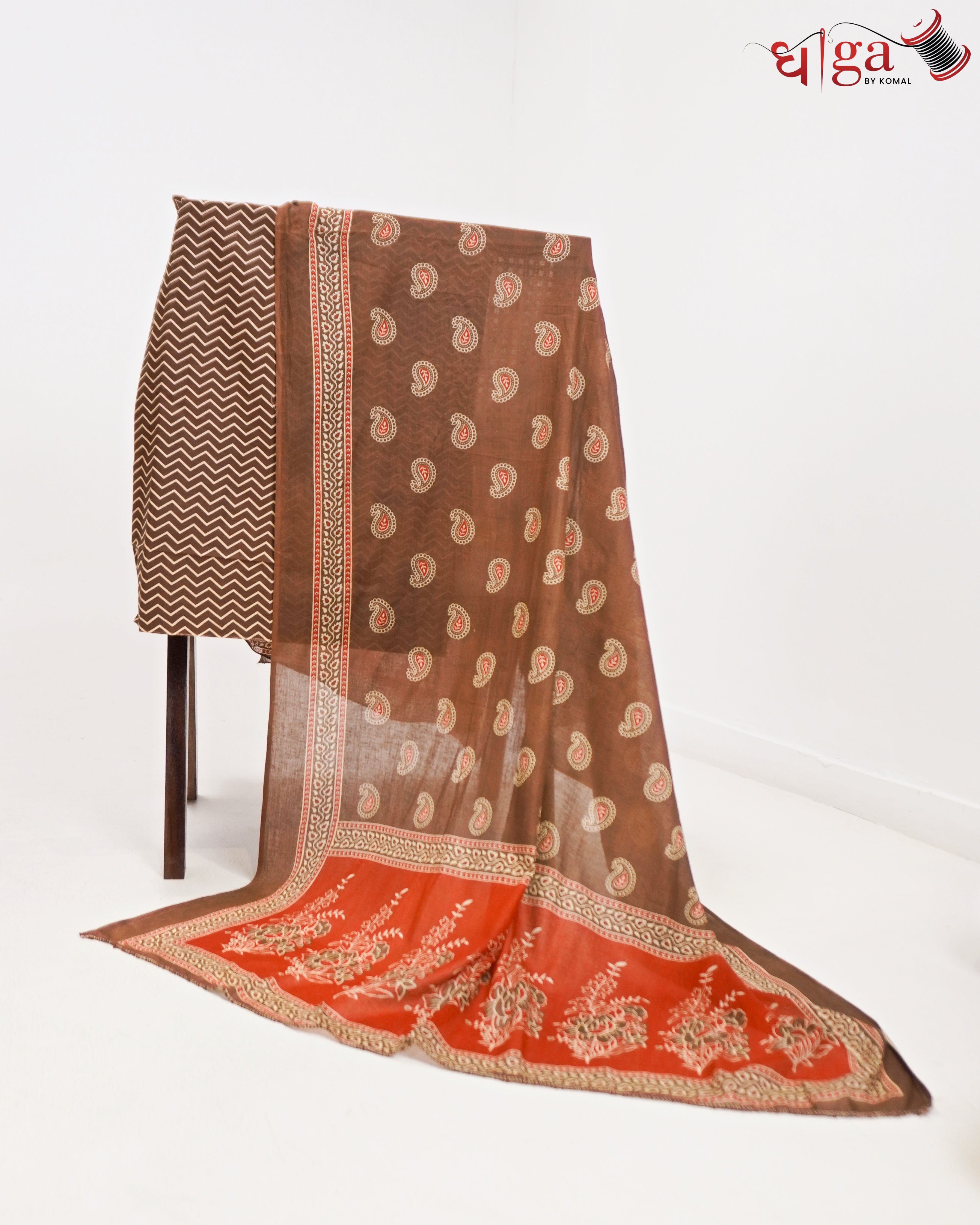 Mocha Brown Paisley Printed 3 Pc Suit Set with Dupatta