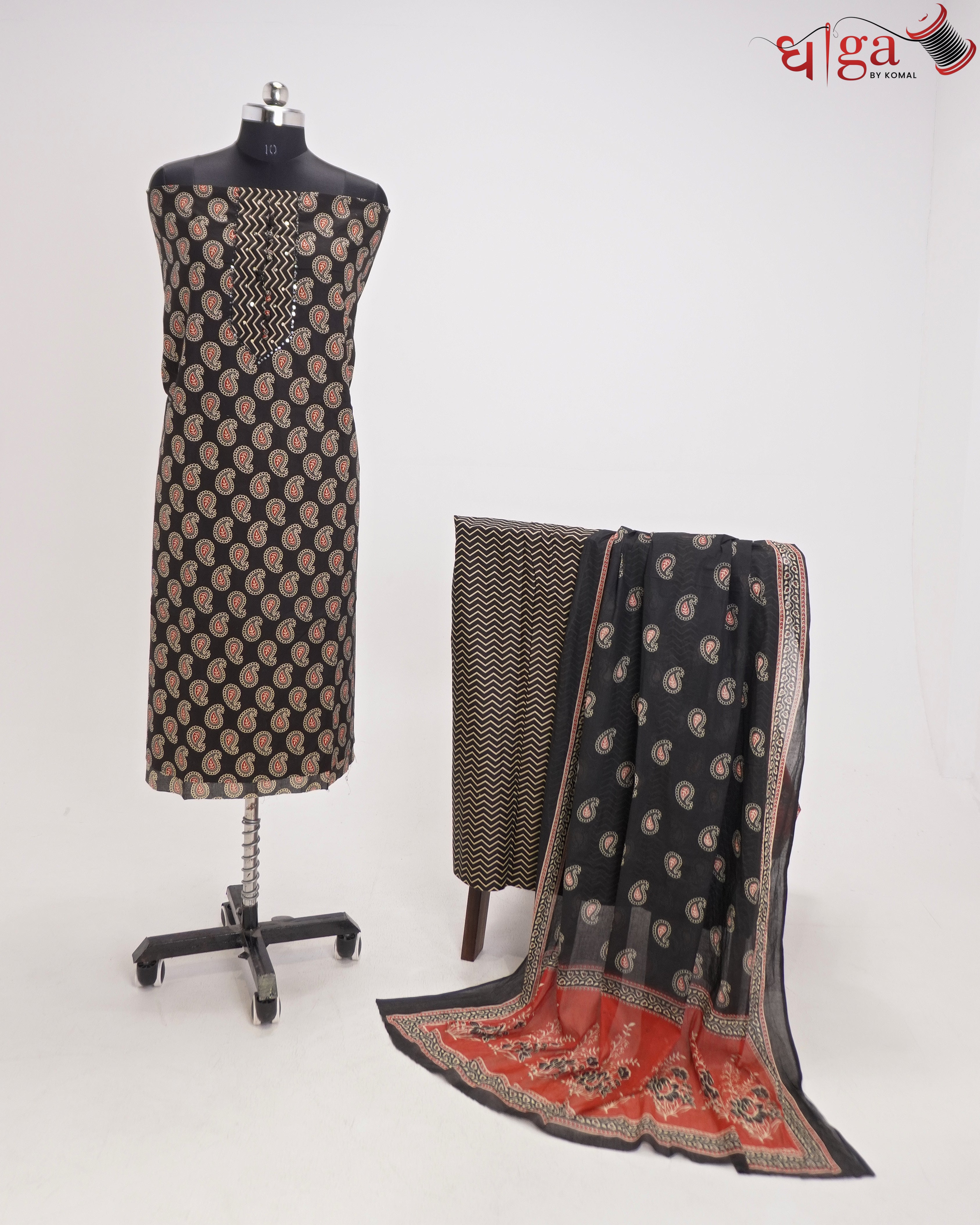 Black Paisley Printed 3 Pc Suit Set with Dupatta