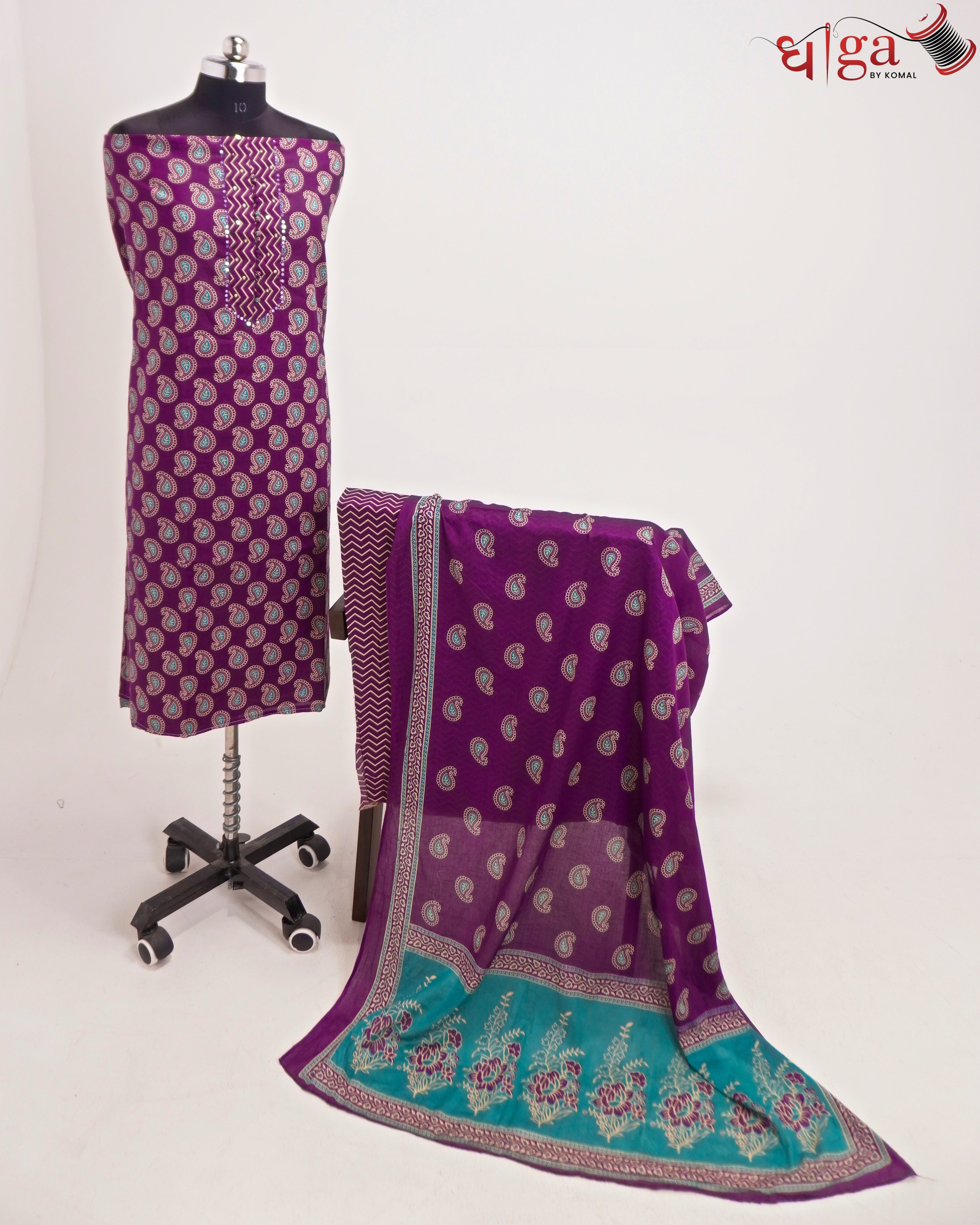 Royal Purple  Paisley Printed 3 Pc Suit Set with Dupatta