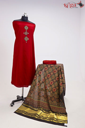 Ruby Red Kurta Suit Set with Traditional Printed Dupatta