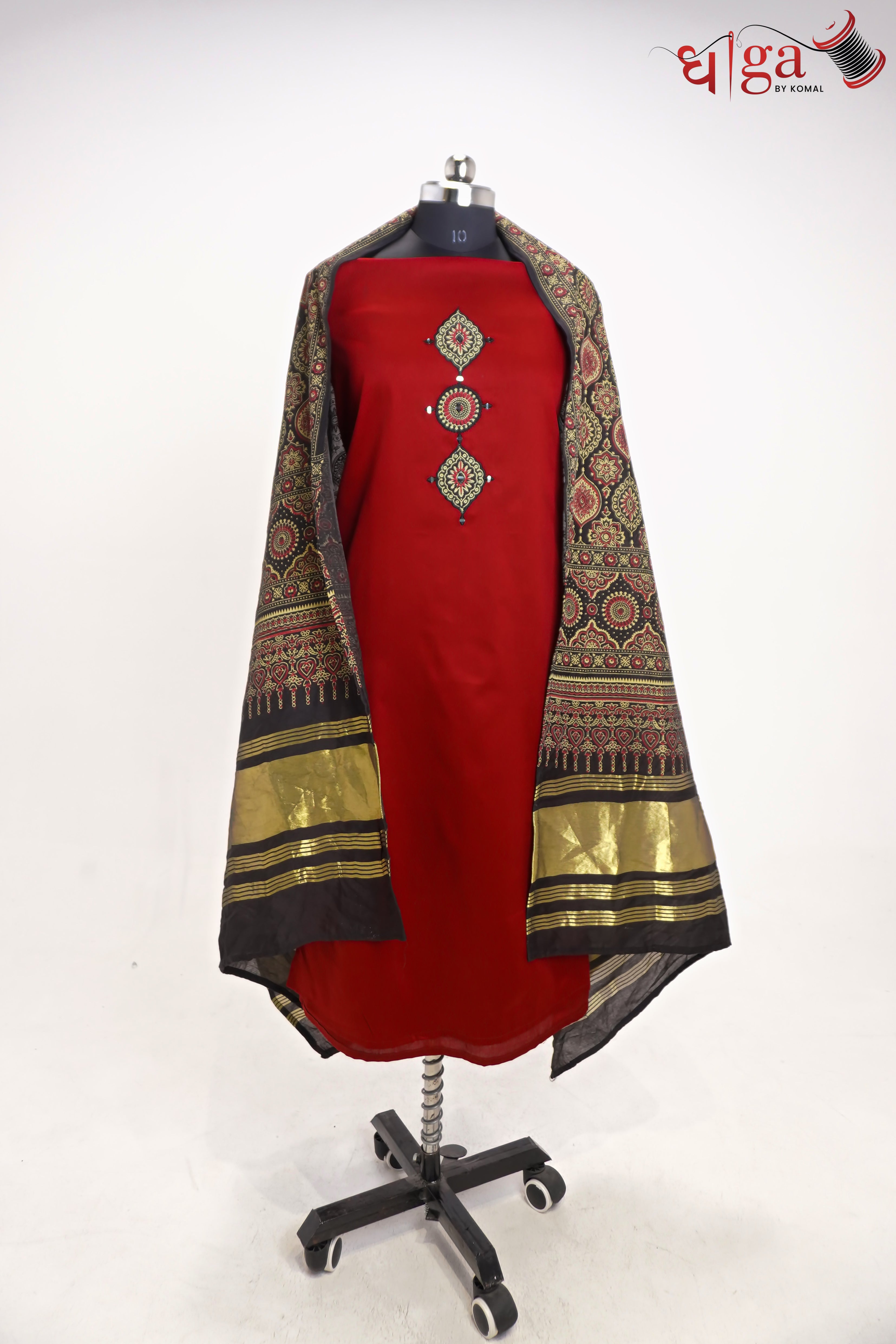 Ruby Red Kurta Suit Set with Traditional Printed Dupatta