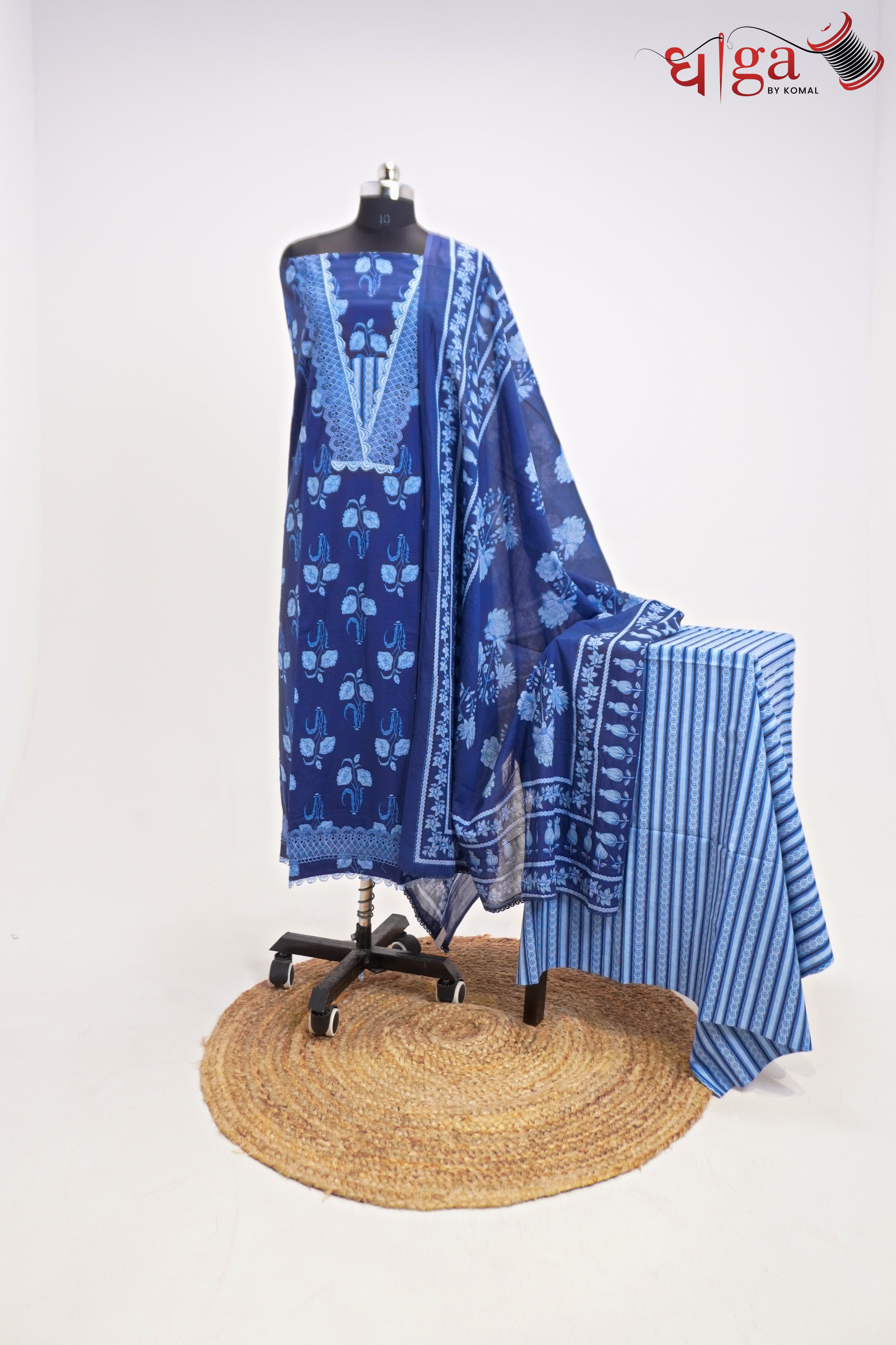 Royal Blue Cotton Printed Suit Set with Dupatta