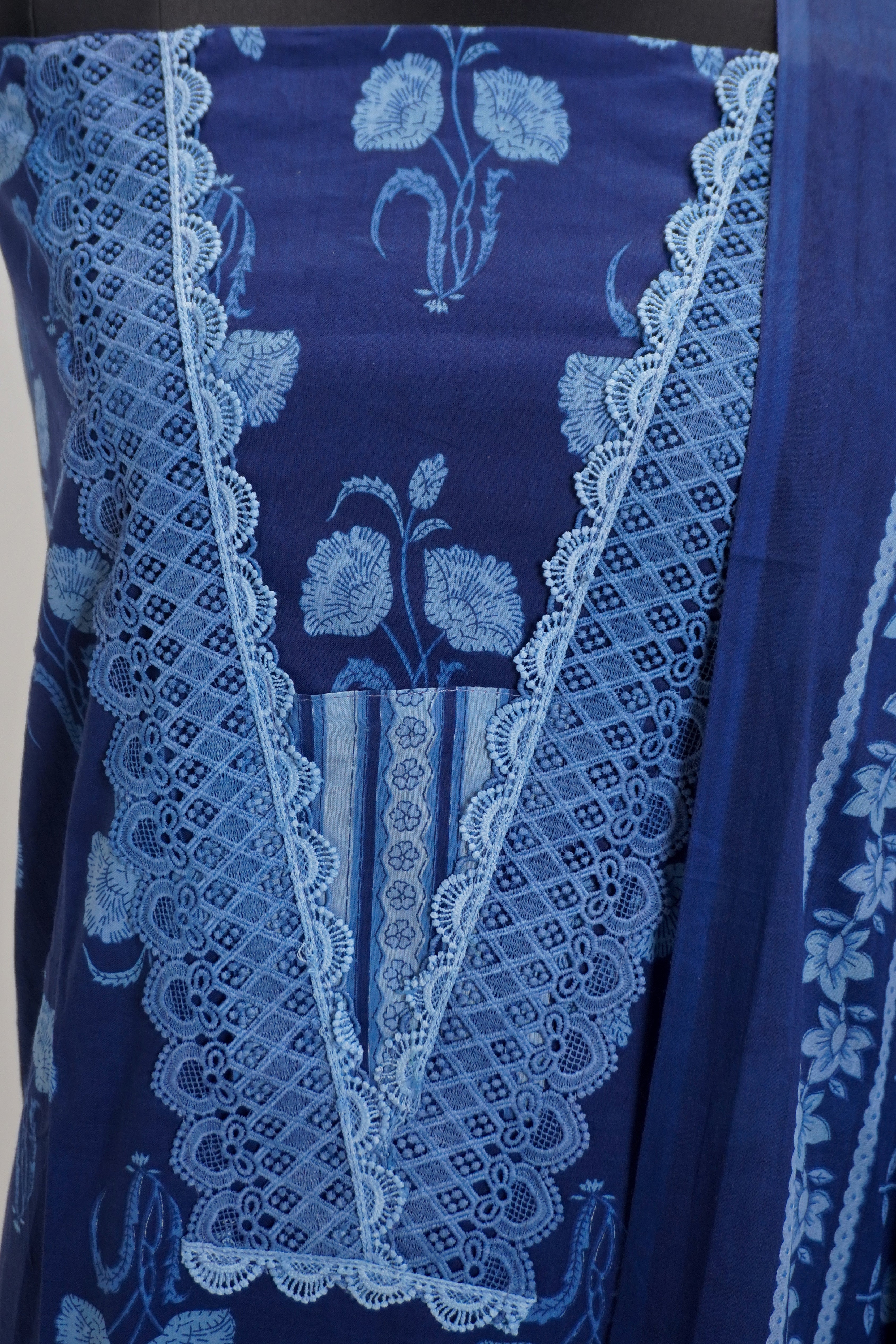 Royal Blue Cotton Printed Suit Set with Dupatta