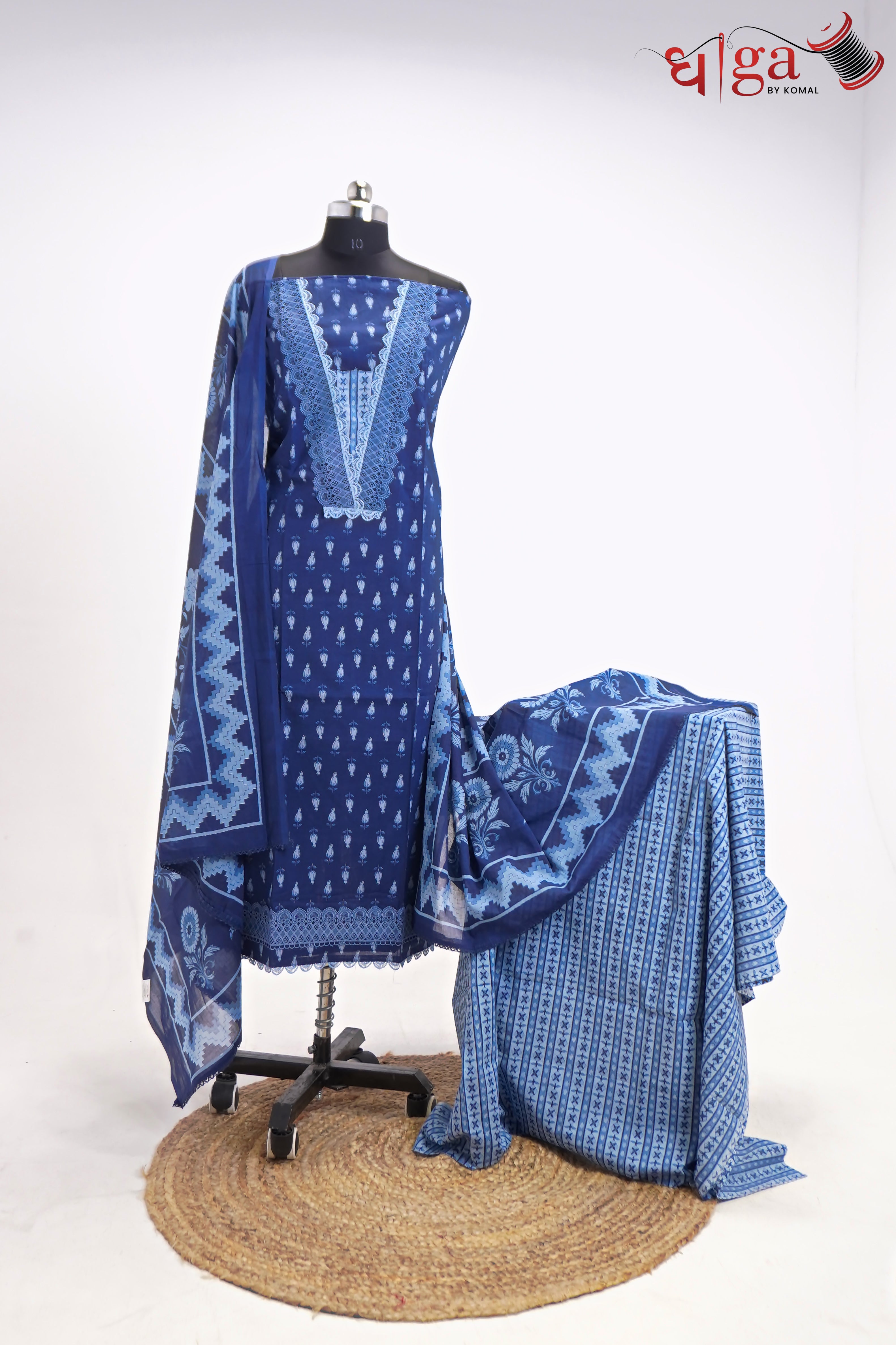 Royal Blue Cotton Printed Suit Set with Dupatta