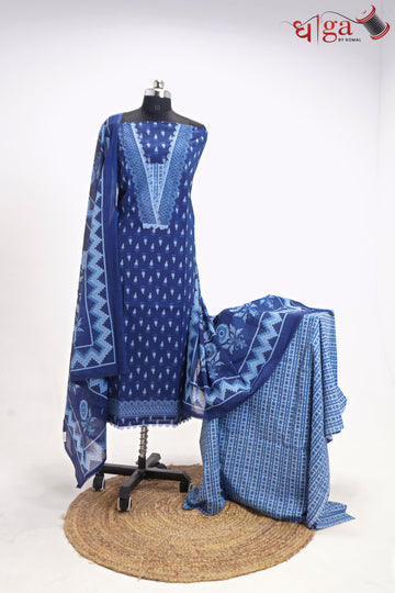 Royal Blue Cotton Printed Suit Set with Dupatta