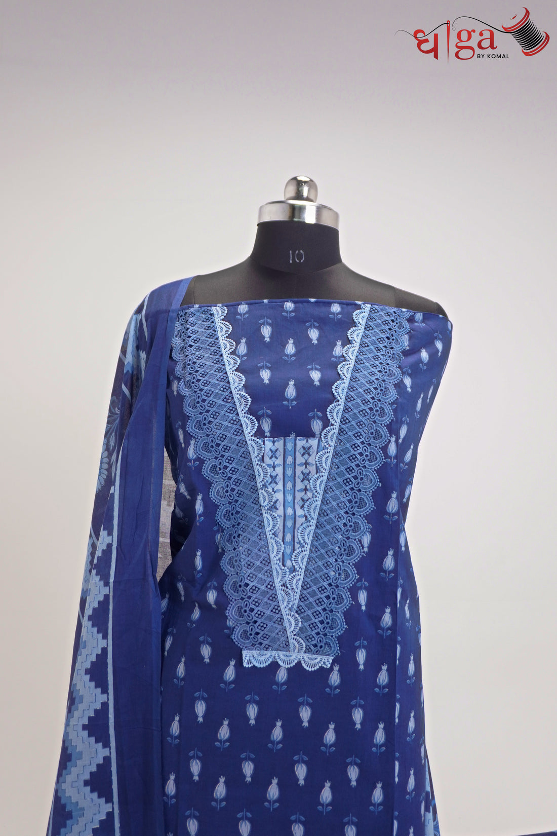 Royal Blue Cotton Printed Suit Set with Dupatta
