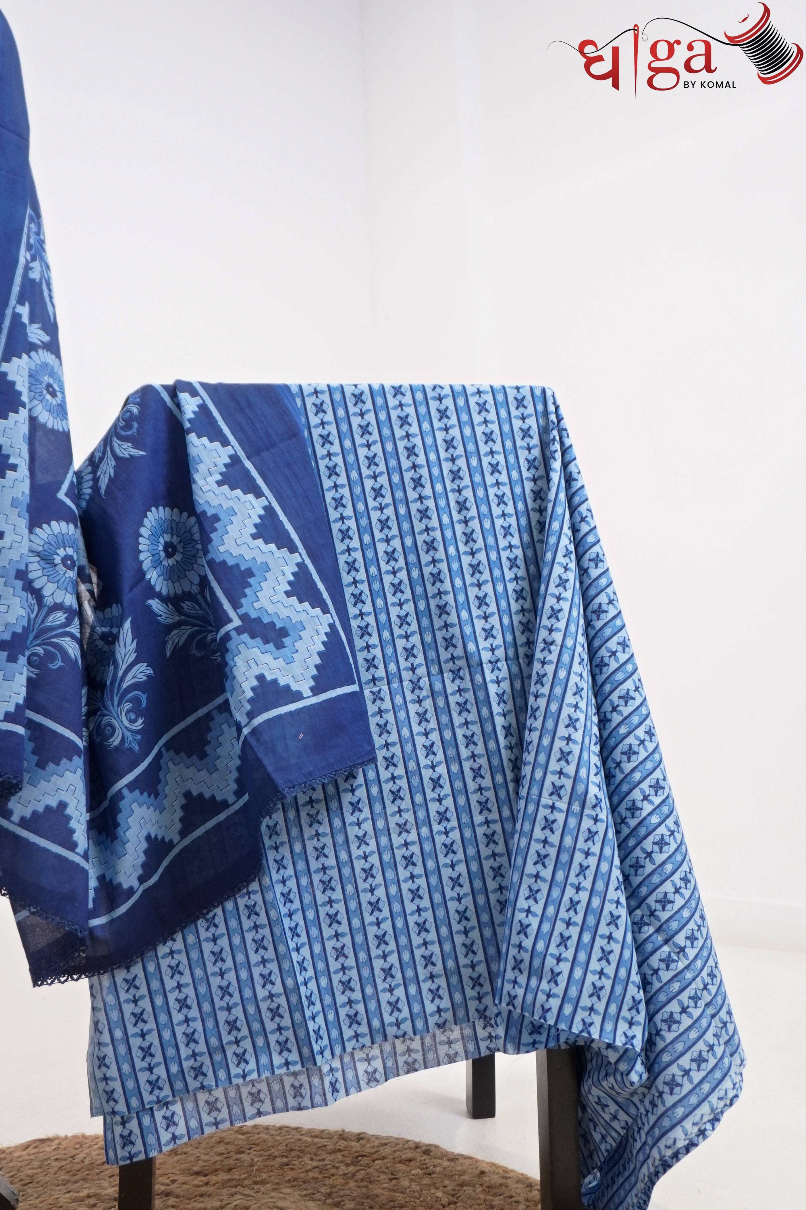 Royal Blue Cotton Printed Suit Set with Dupatta