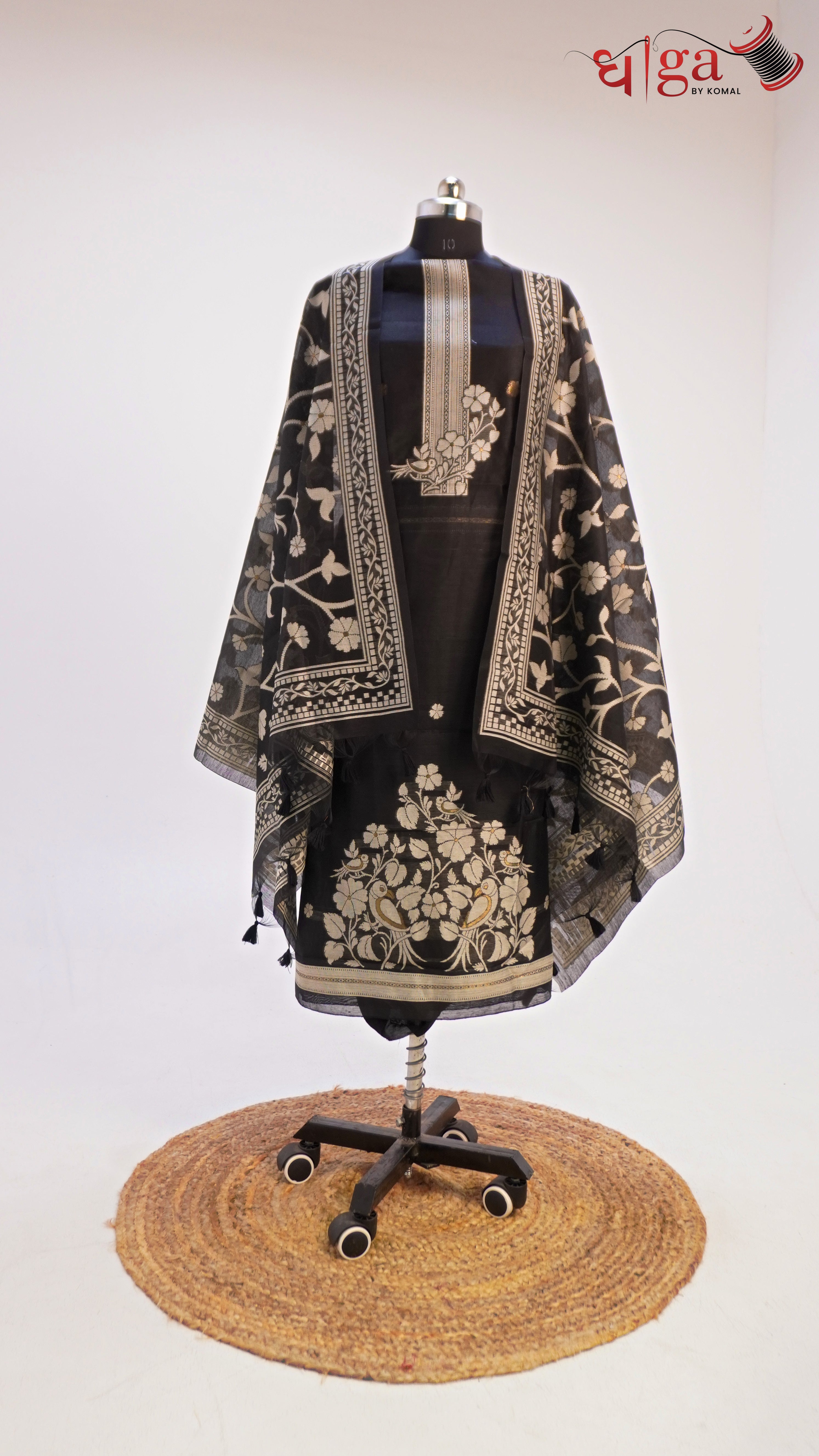 Classic Black Muga cotton Suit Set with Bird & Floral Motifs