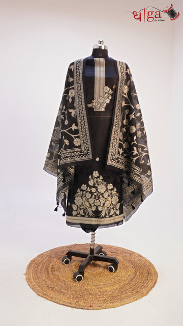 Classic Black Muga cotton Suit Set with Bird & Floral Motifs