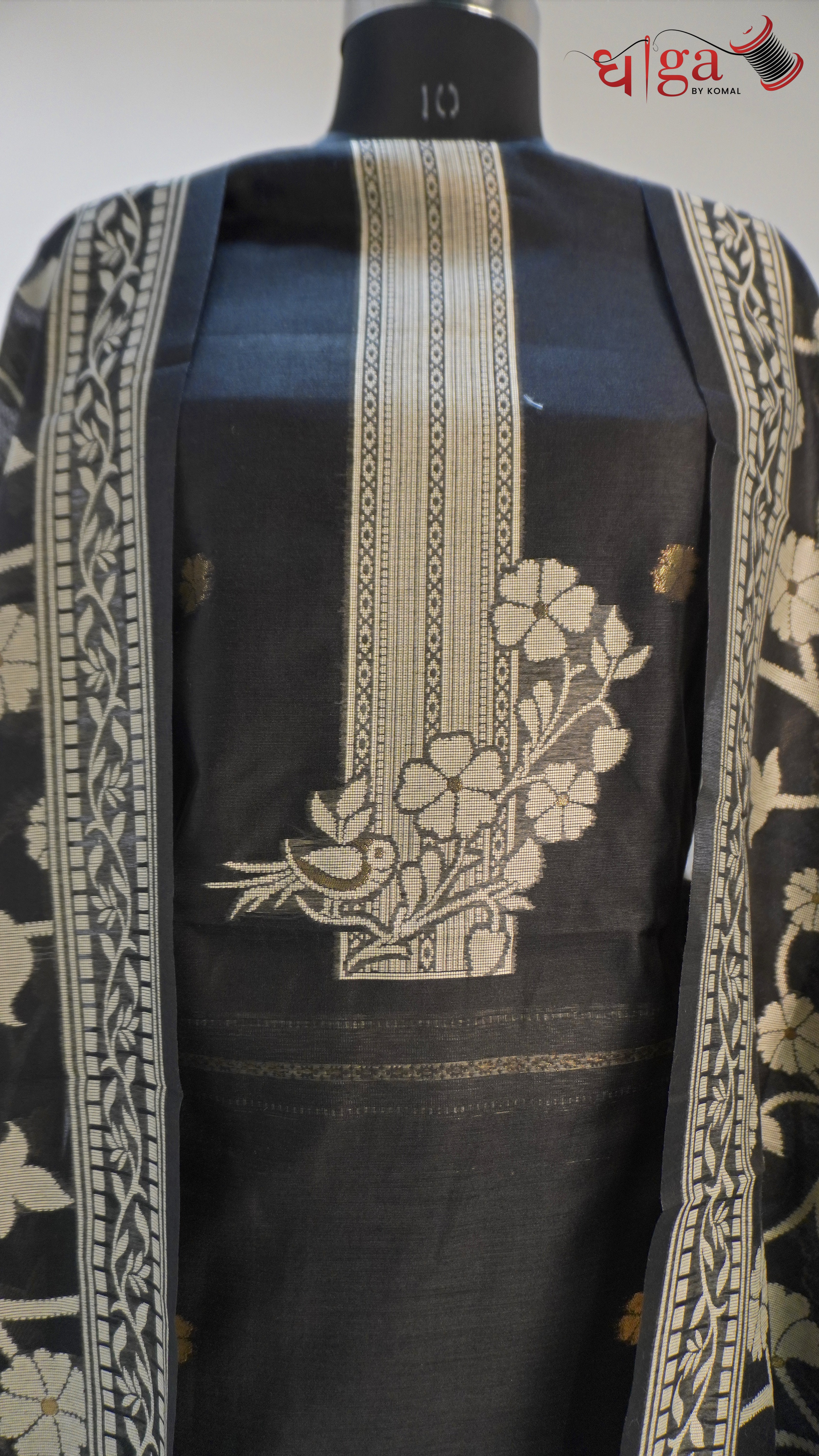 Classic Black Muga cotton Suit Set with Bird & Floral Motifs