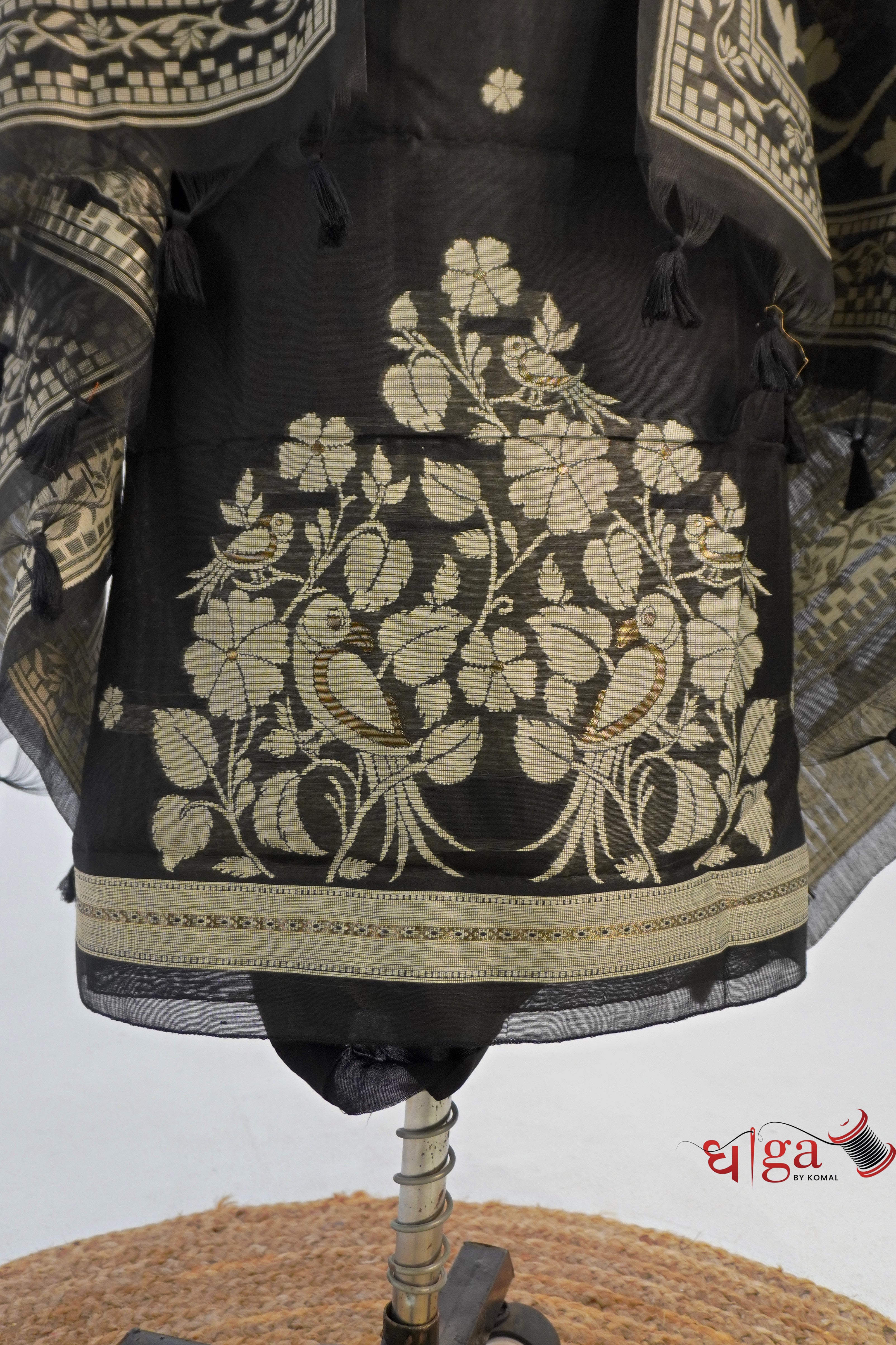 Classic Black Muga cotton Suit Set with Bird & Floral Motifs
