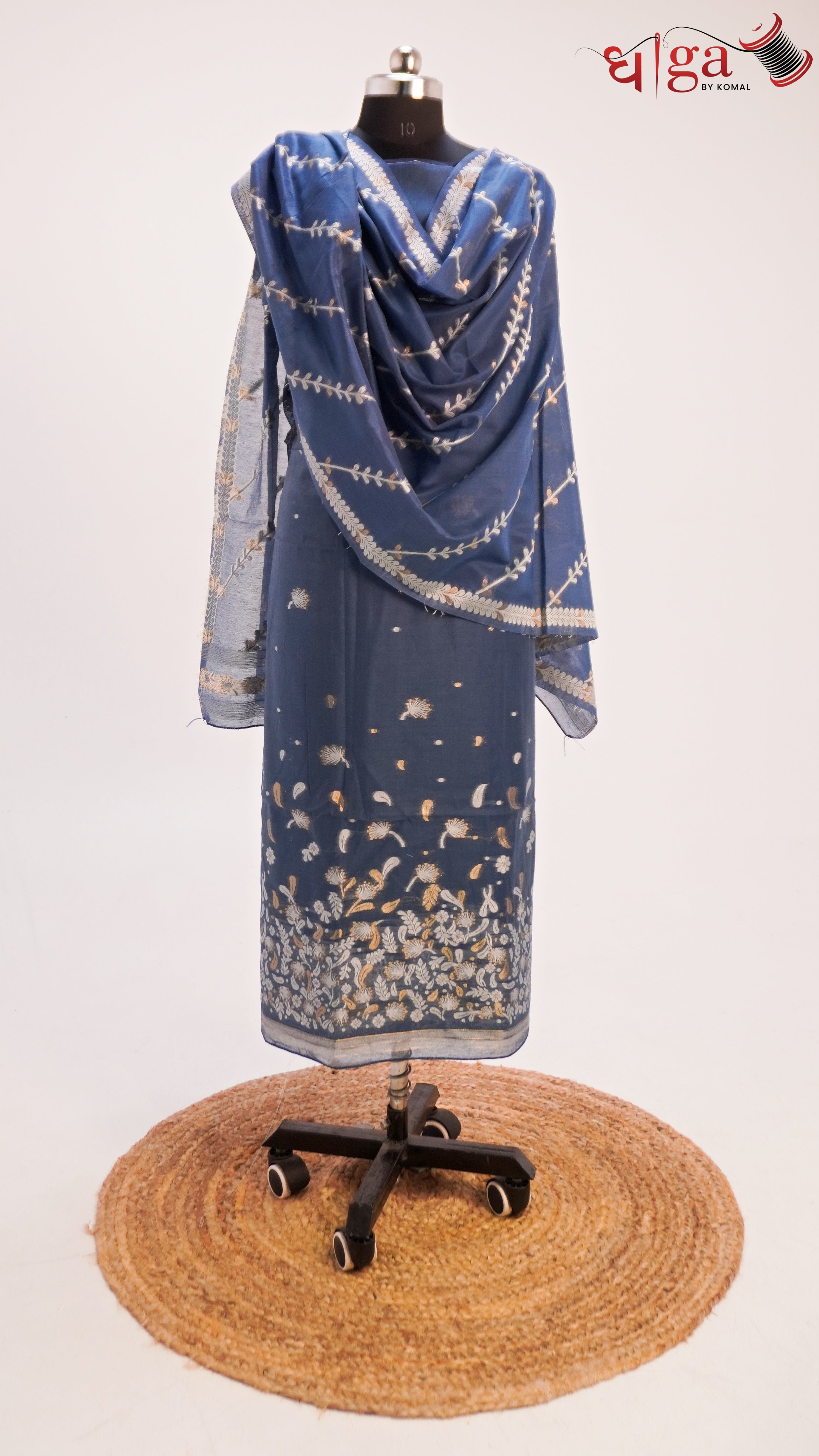 Steel Blue Cotton Suit Set with Floral Printed Dupatta