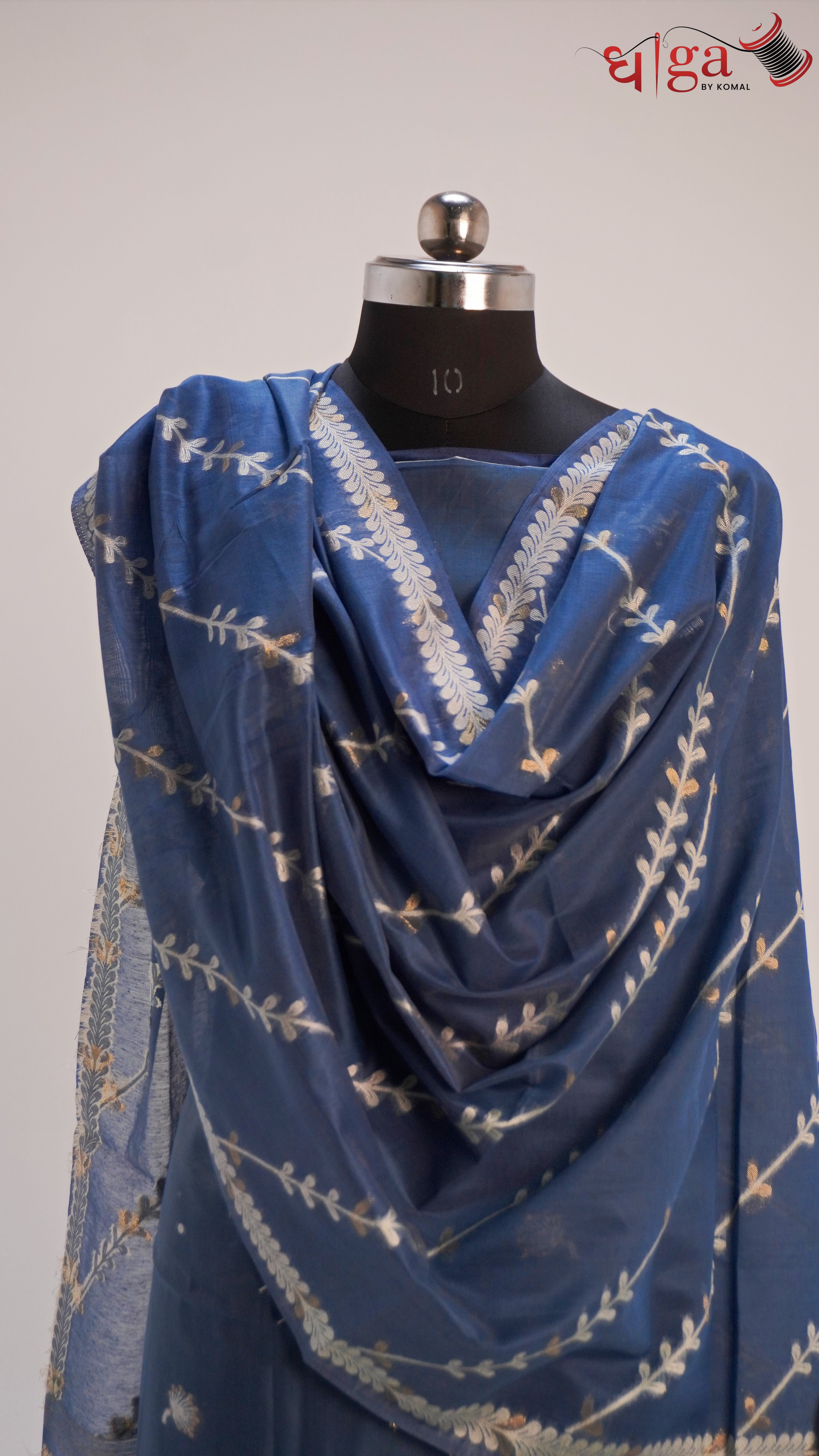 Steel Blue Cotton Suit Set with Floral Printed Dupatta