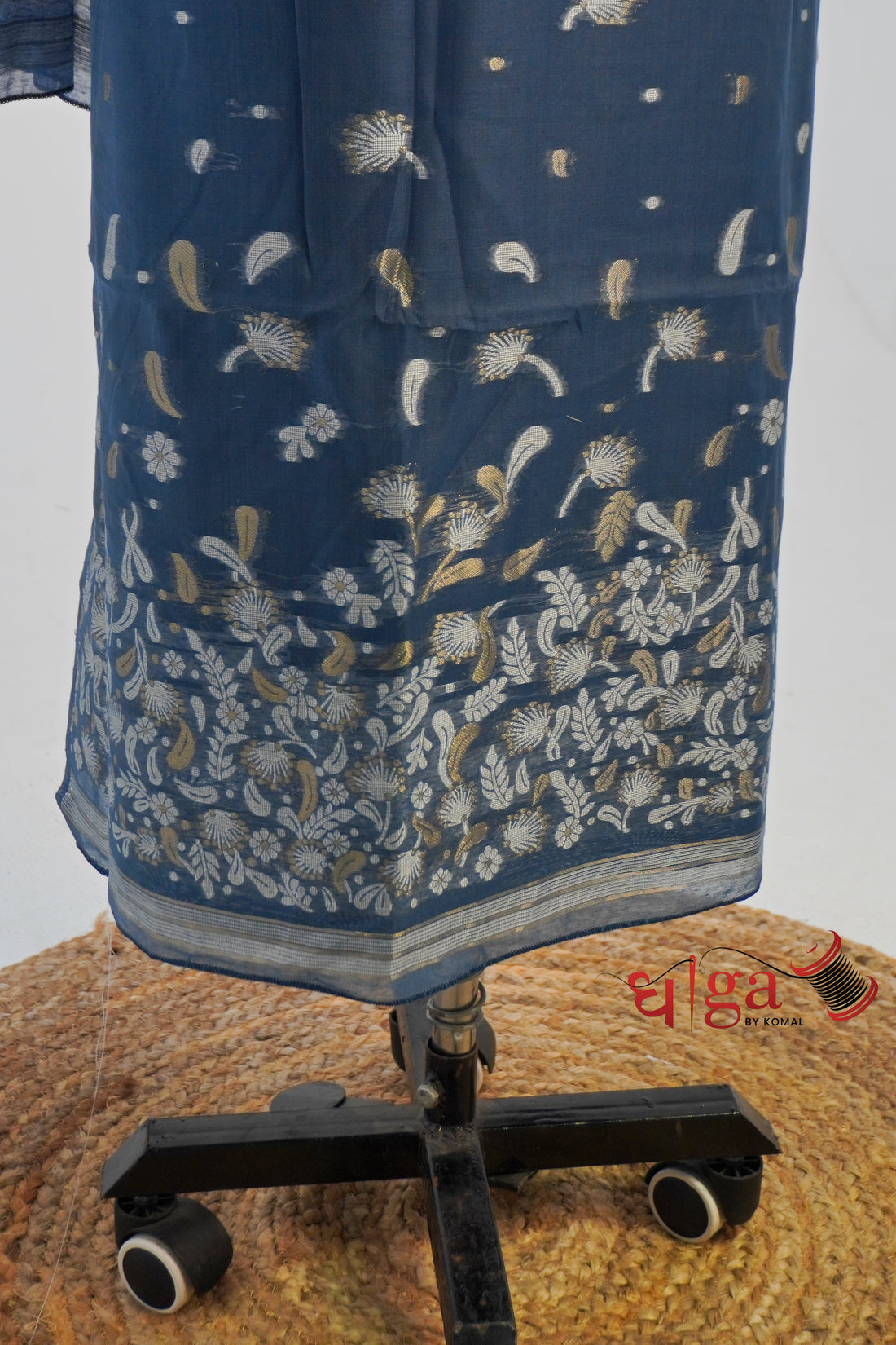 Steel Blue Cotton Suit Set with Floral Printed Dupatta