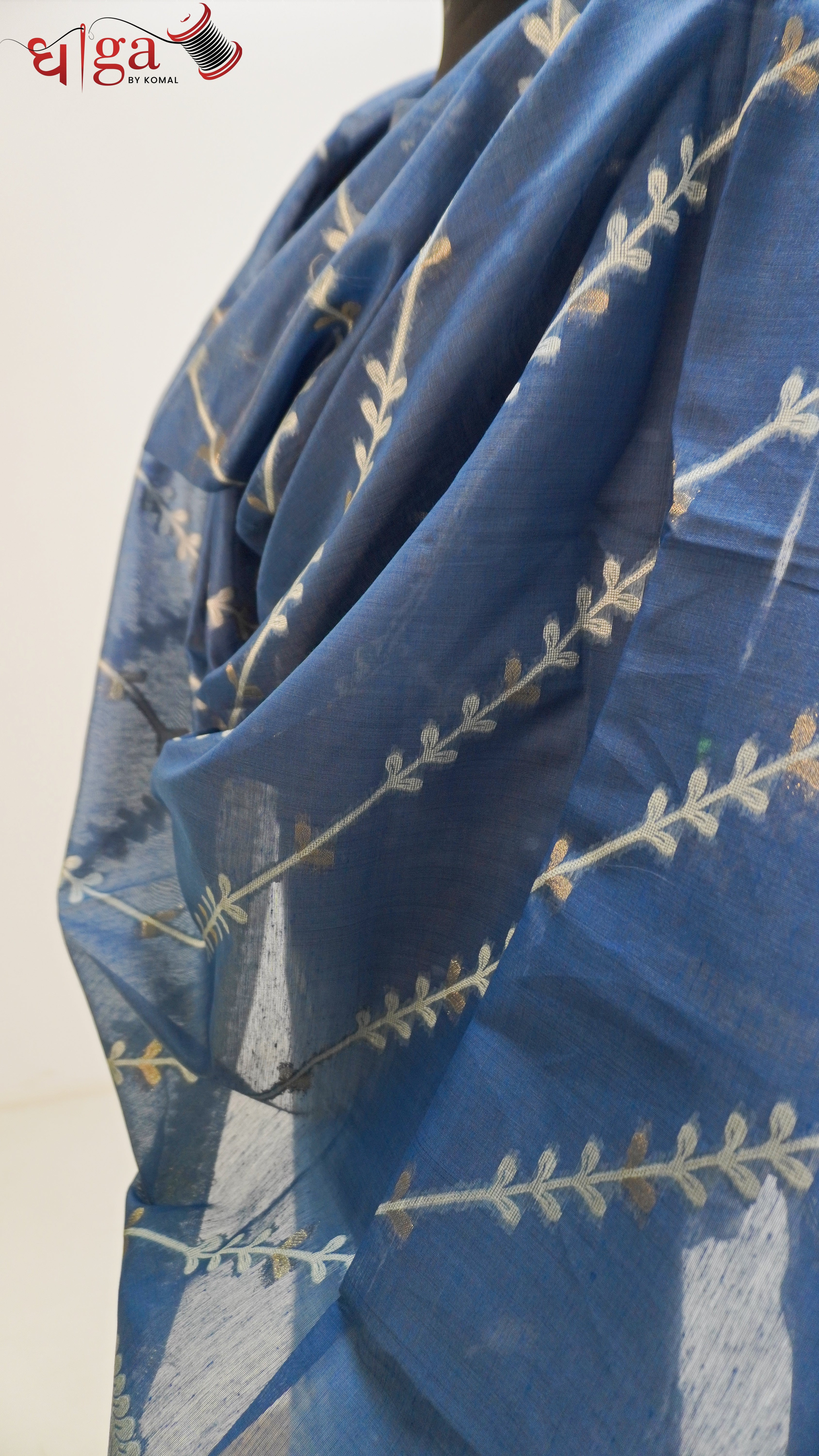 Steel Blue Cotton Suit Set with Floral Printed Dupatta