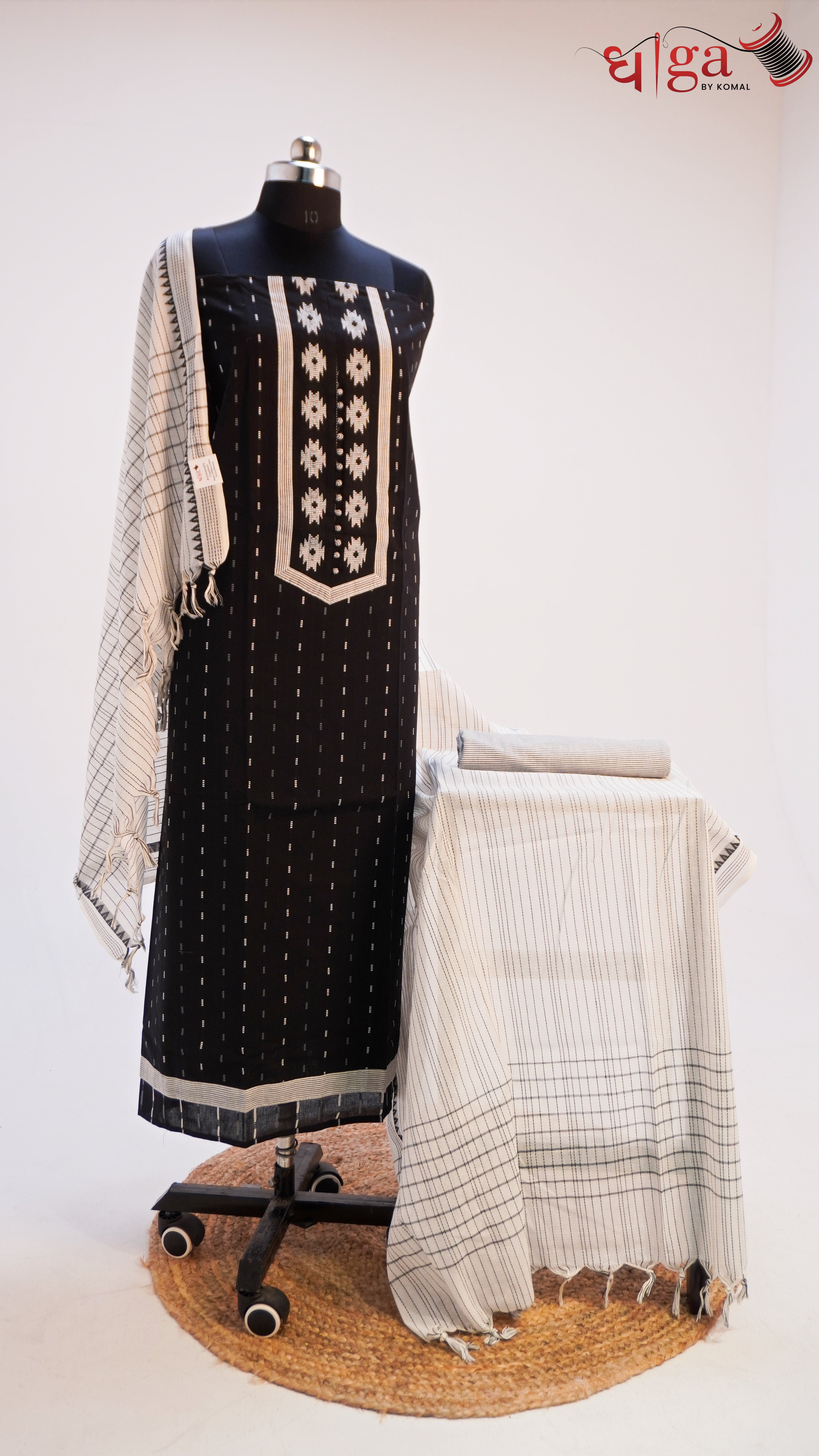 Classic Black Cotton Suit Set with Woven White Dupatta