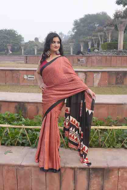 Striped Satin Silk Ajrakh Printed Saree