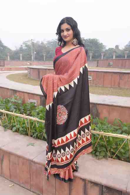 Striped Satin Silk Ajrakh Printed Saree