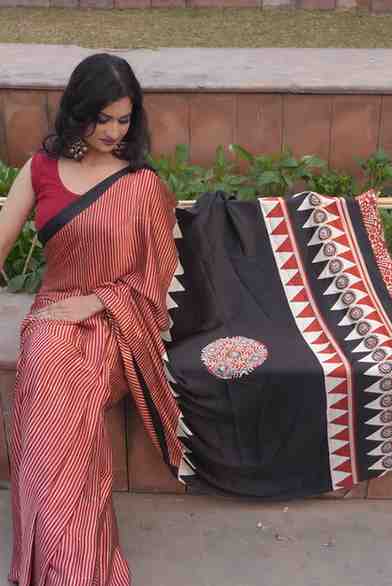 Striped Satin Silk Ajrakh Printed Saree