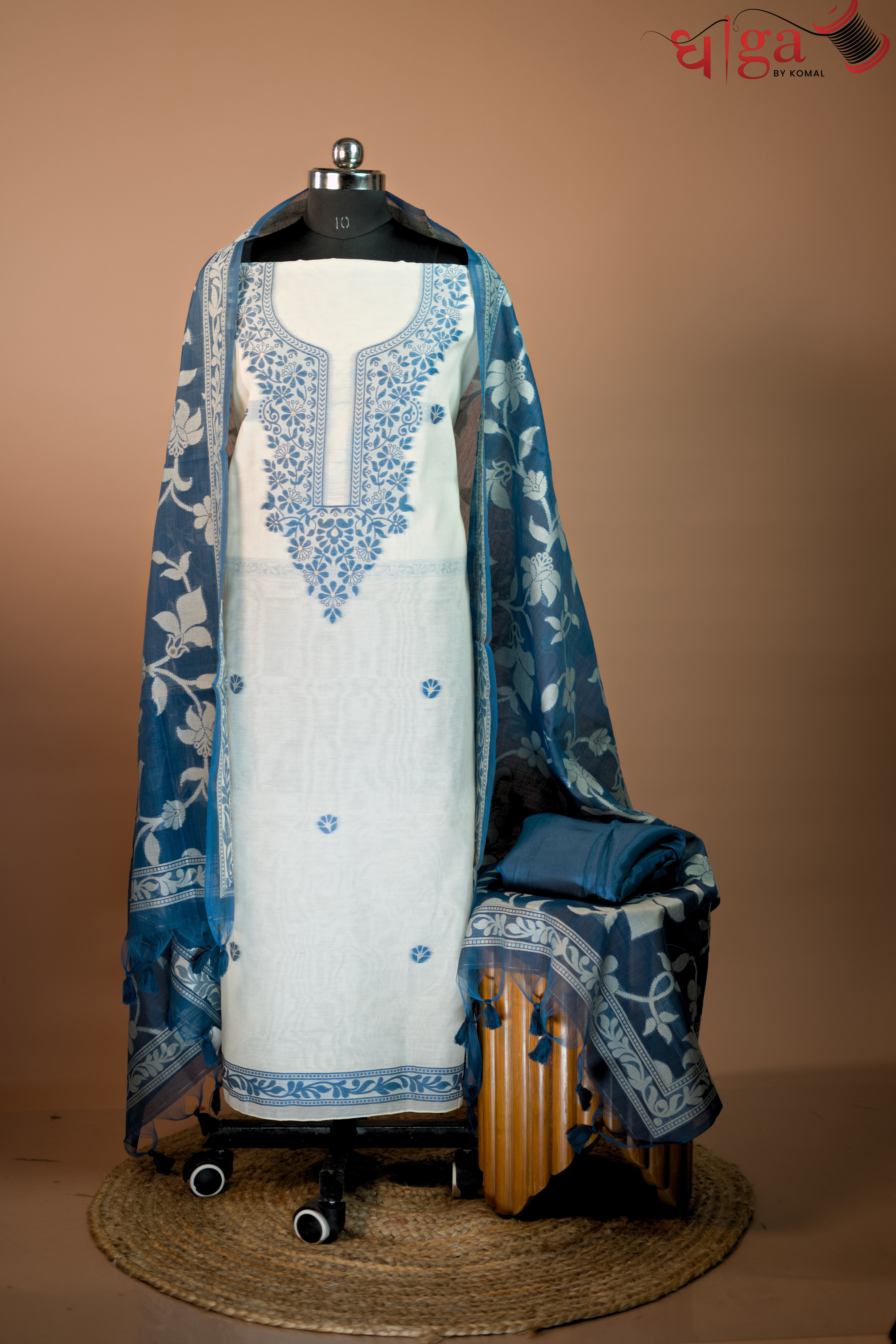Ivory White Suit Set with Sky Blue Floral Dupatta