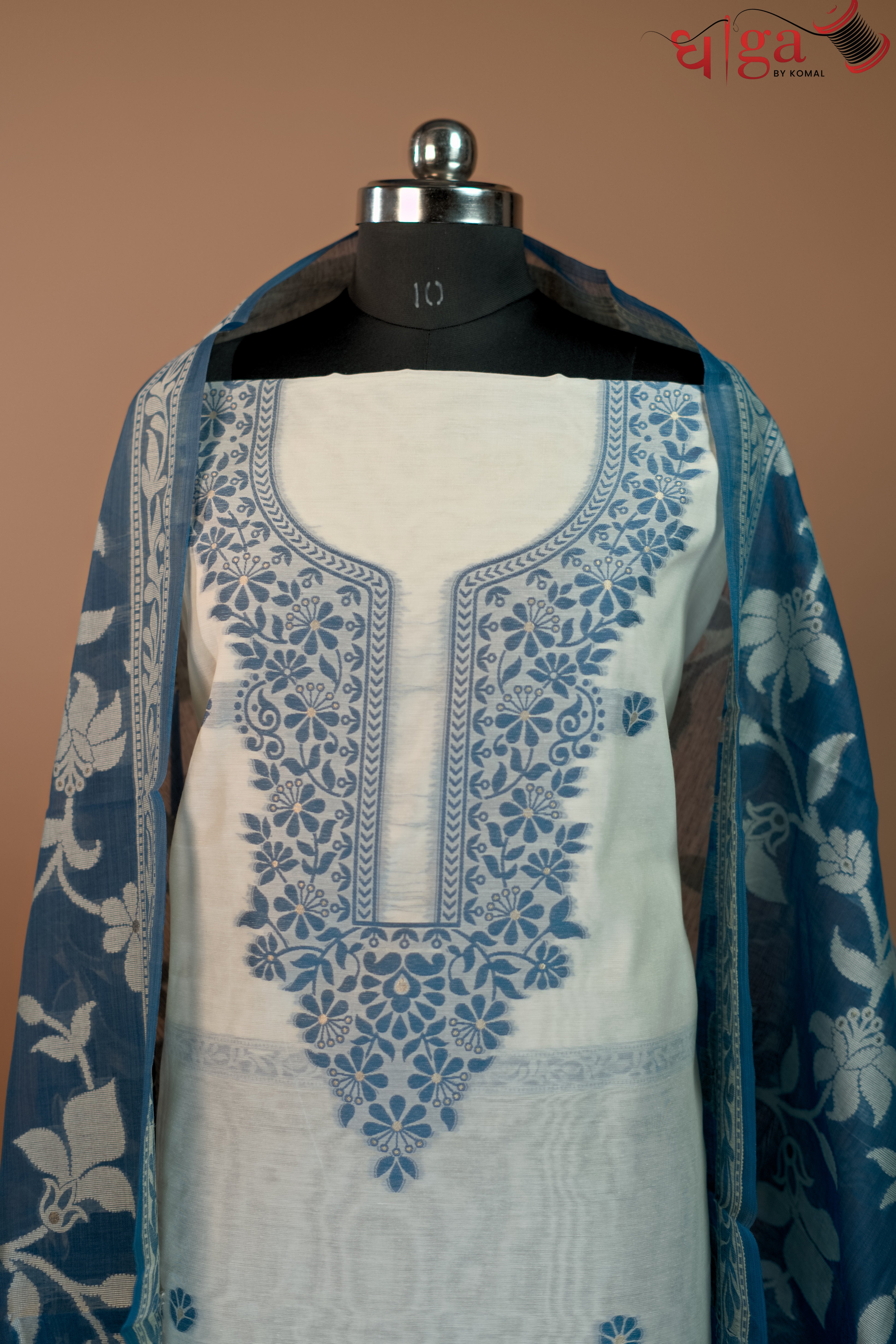 Ivory White Suit Set with Sky Blue Floral Dupatta