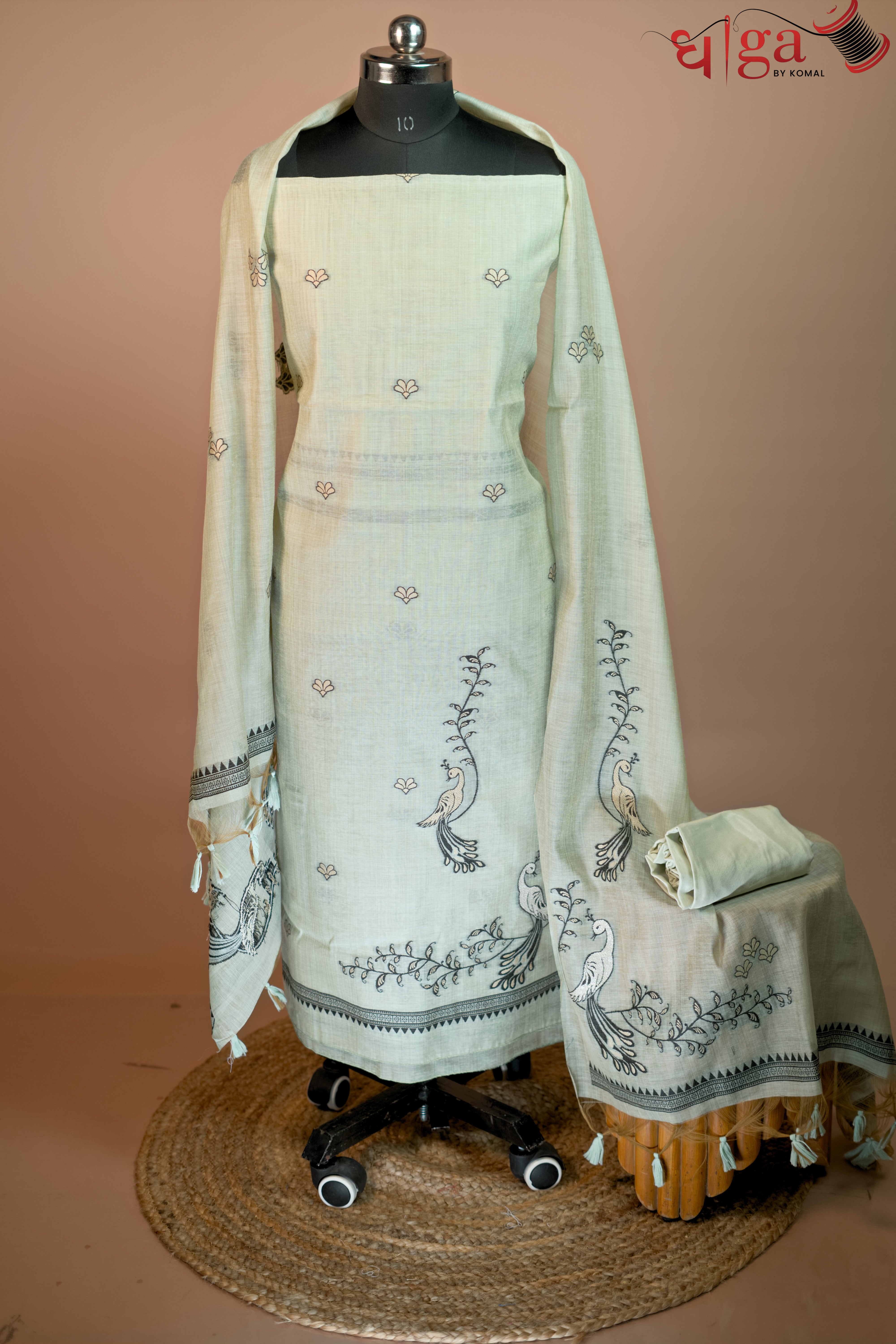 Pastel Mint  Jamdani Suit Set with Peacock Motifs