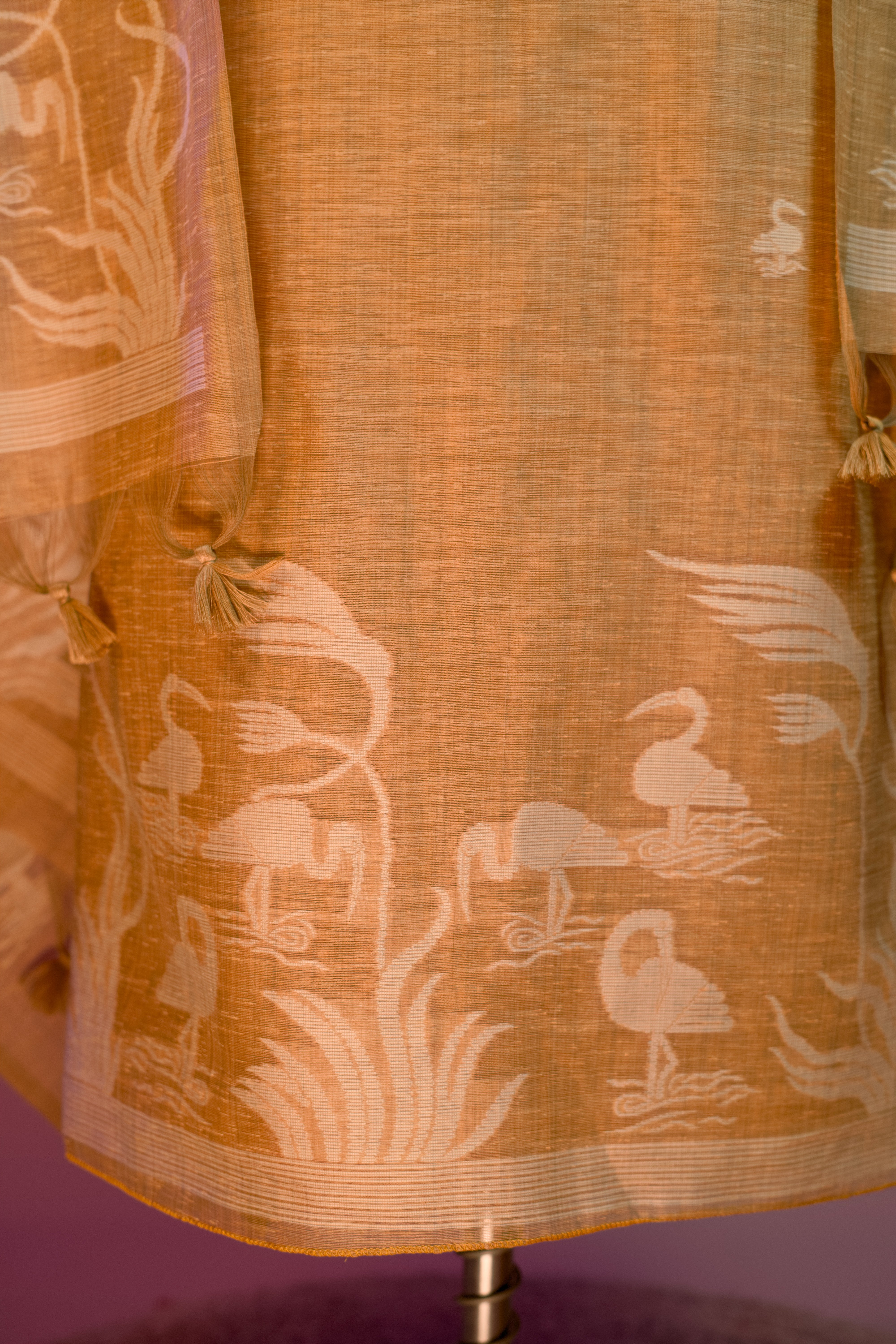 Peach Bird Motif Cotton Suit Set with Printed Dupatta