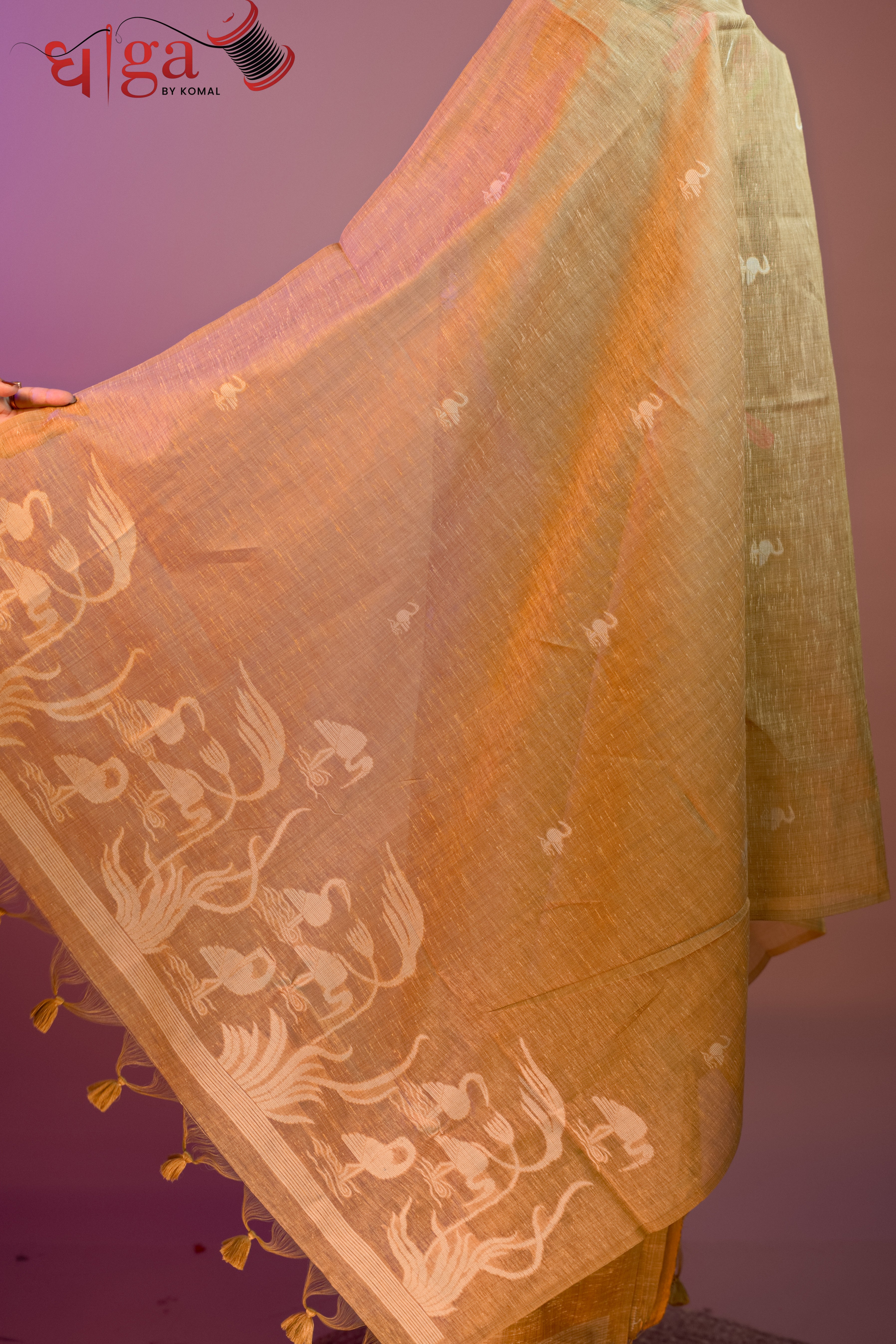 Peach Bird Motif Cotton Suit Set with Printed Dupatta