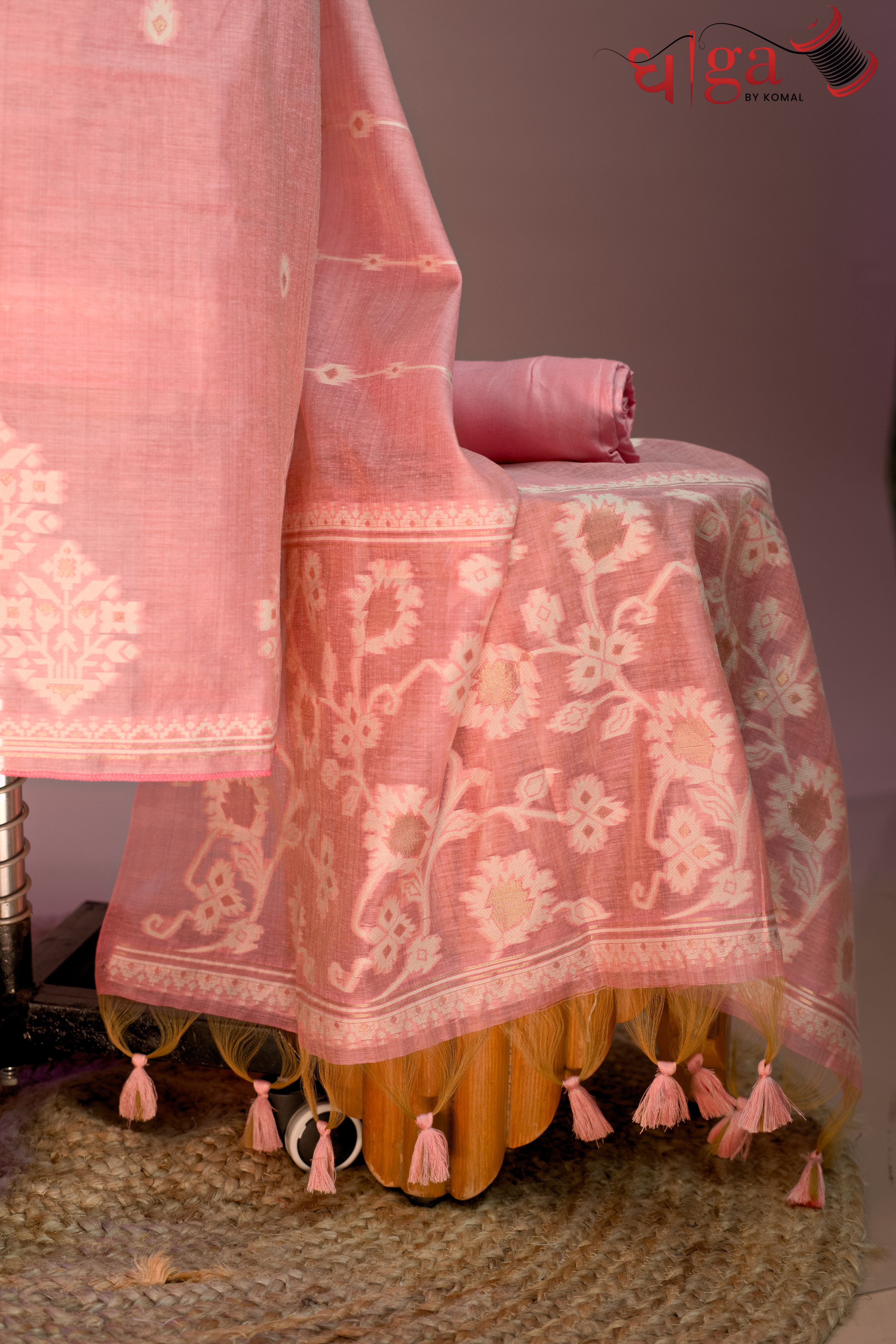 Blush Pink Floral Buta Jamdani Cotton Suit Set with Printed Dupatta