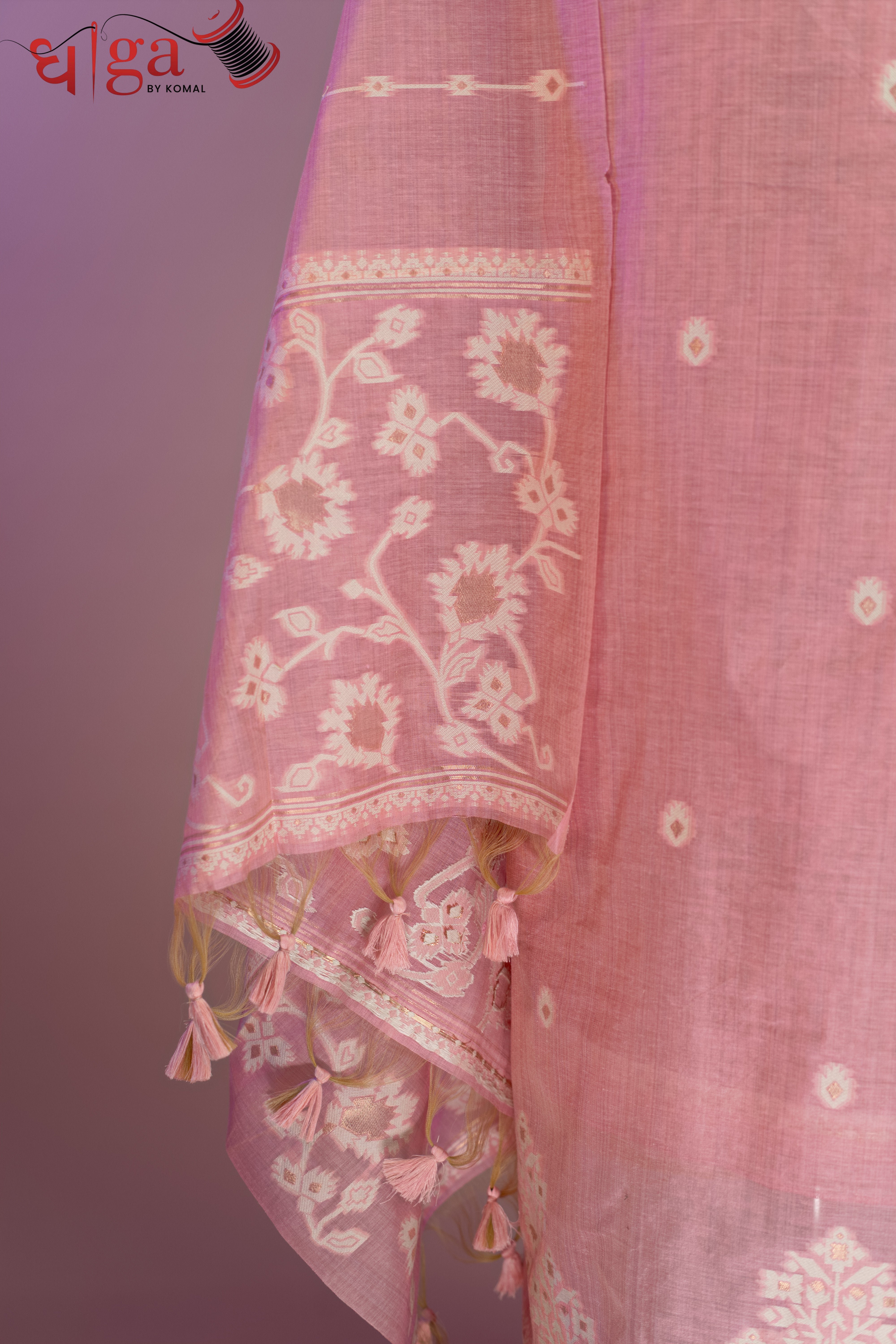 Blush Pink Floral Buta Jamdani Cotton Suit Set with Printed Dupatta