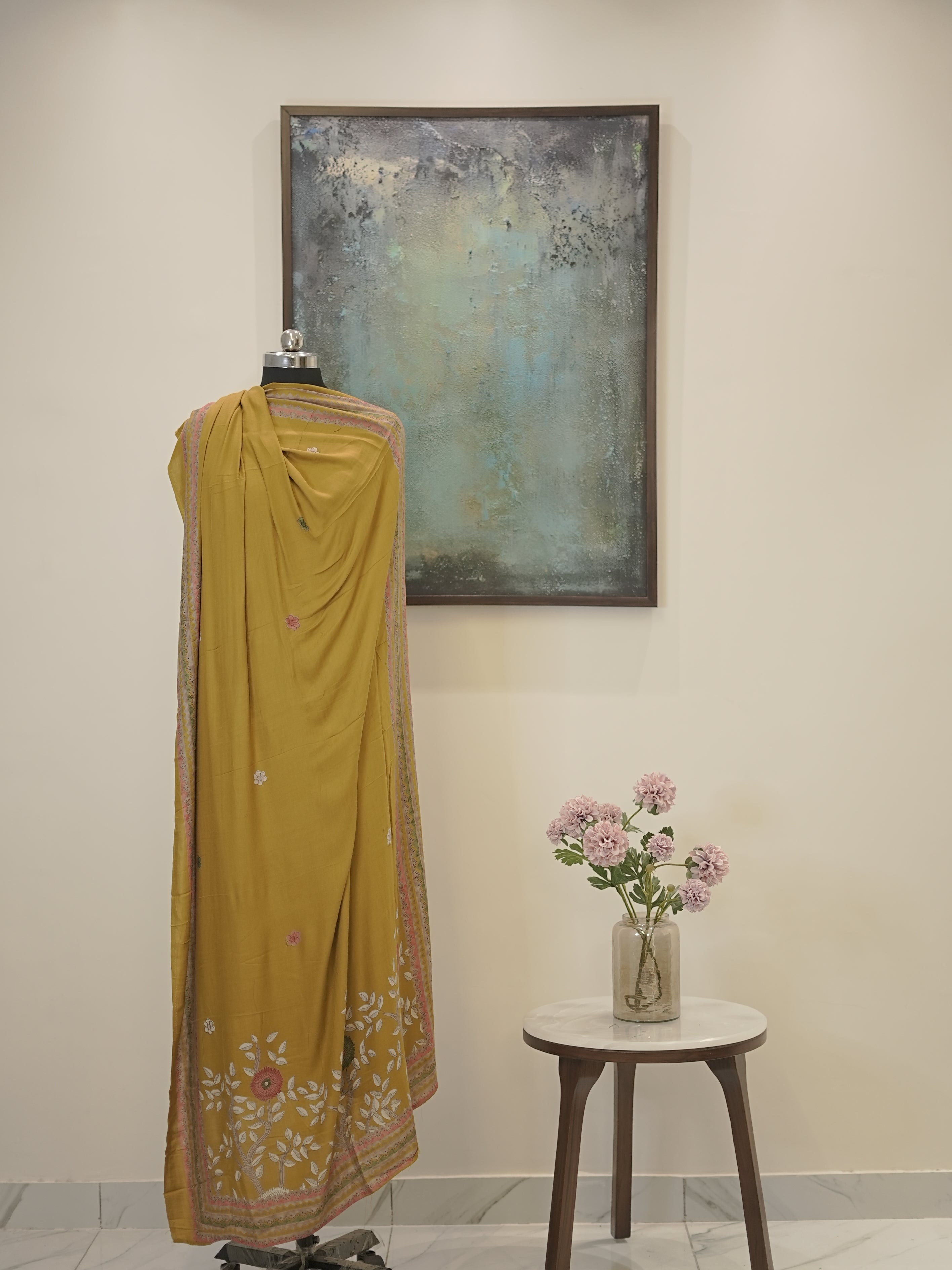 Yellow Digital printed semi pashmina with thread work