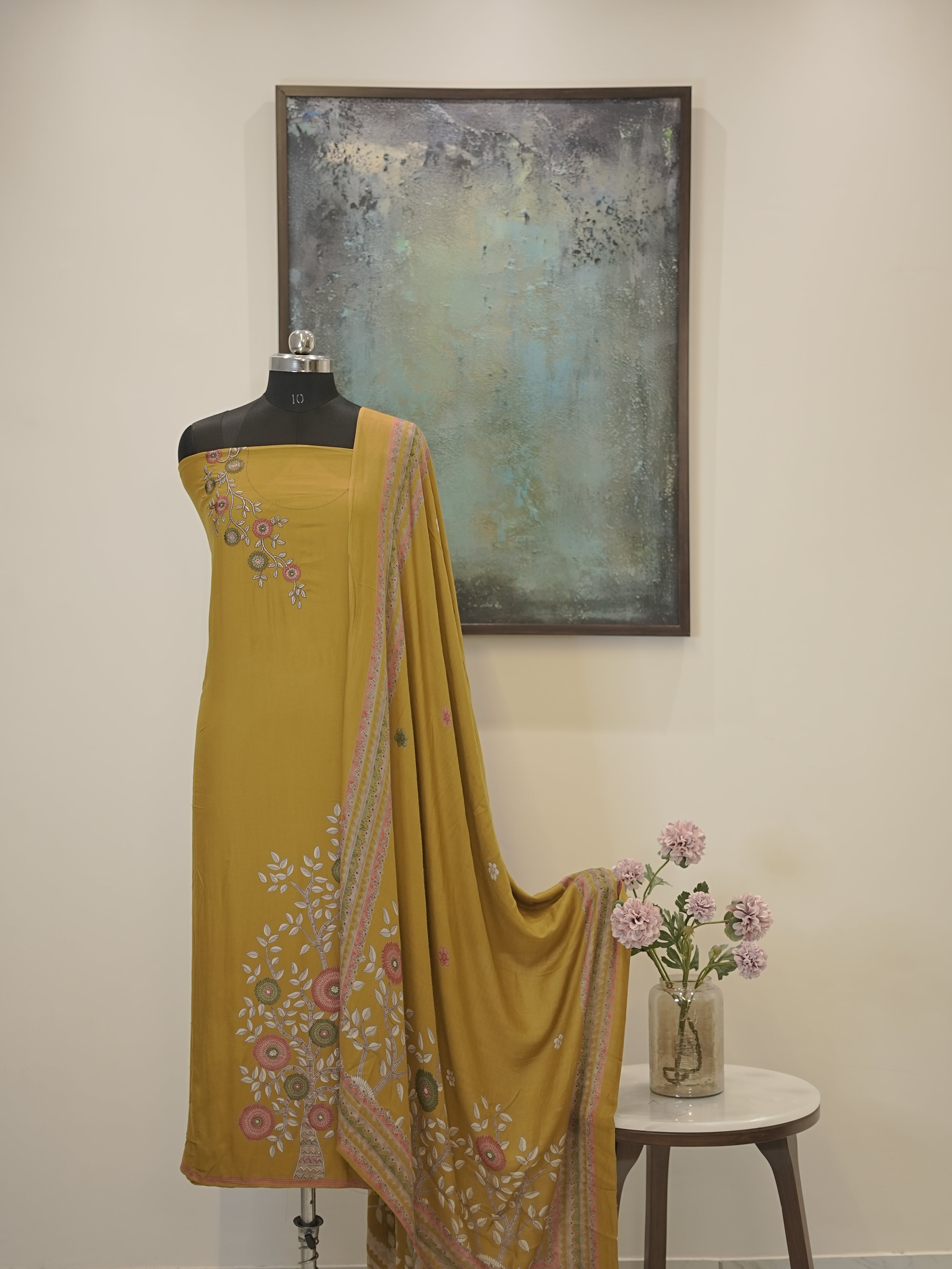 Yellow Digital printed semi pashmina with thread work