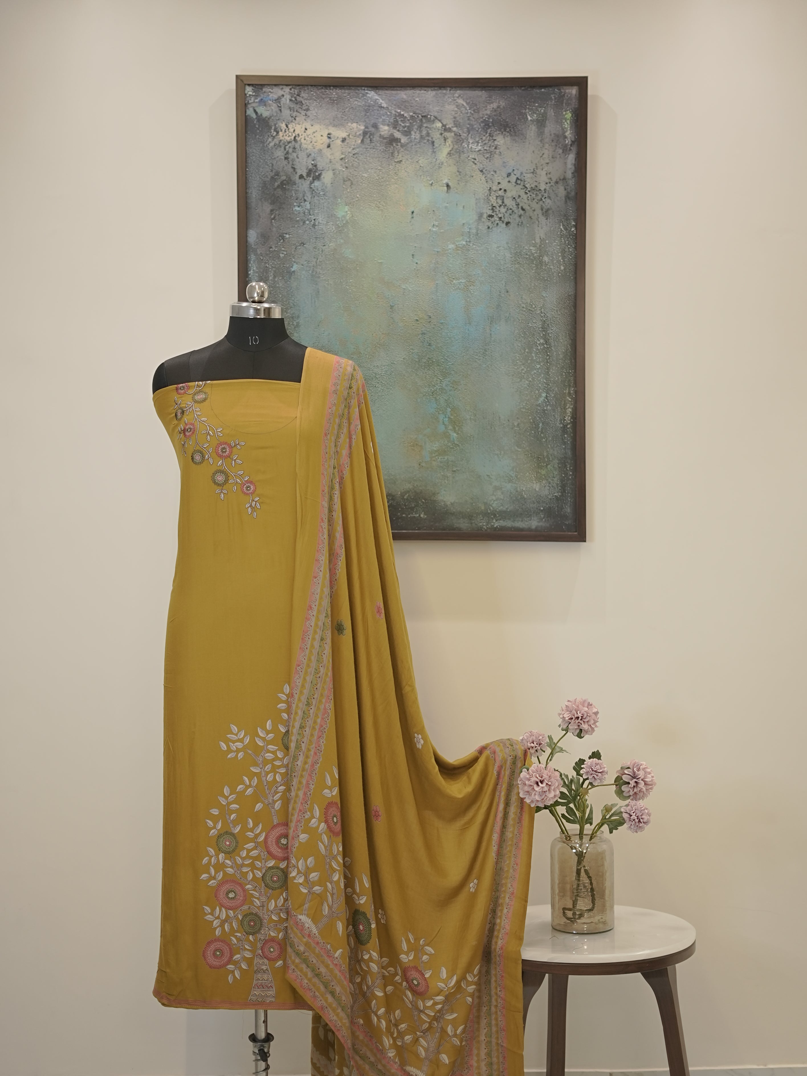 Yellow Digital printed semi pashmina with thread work