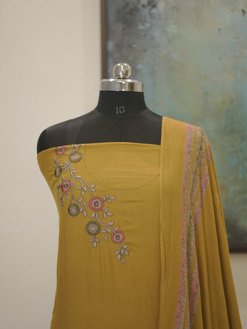 Yellow Digital printed semi pashmina with thread work