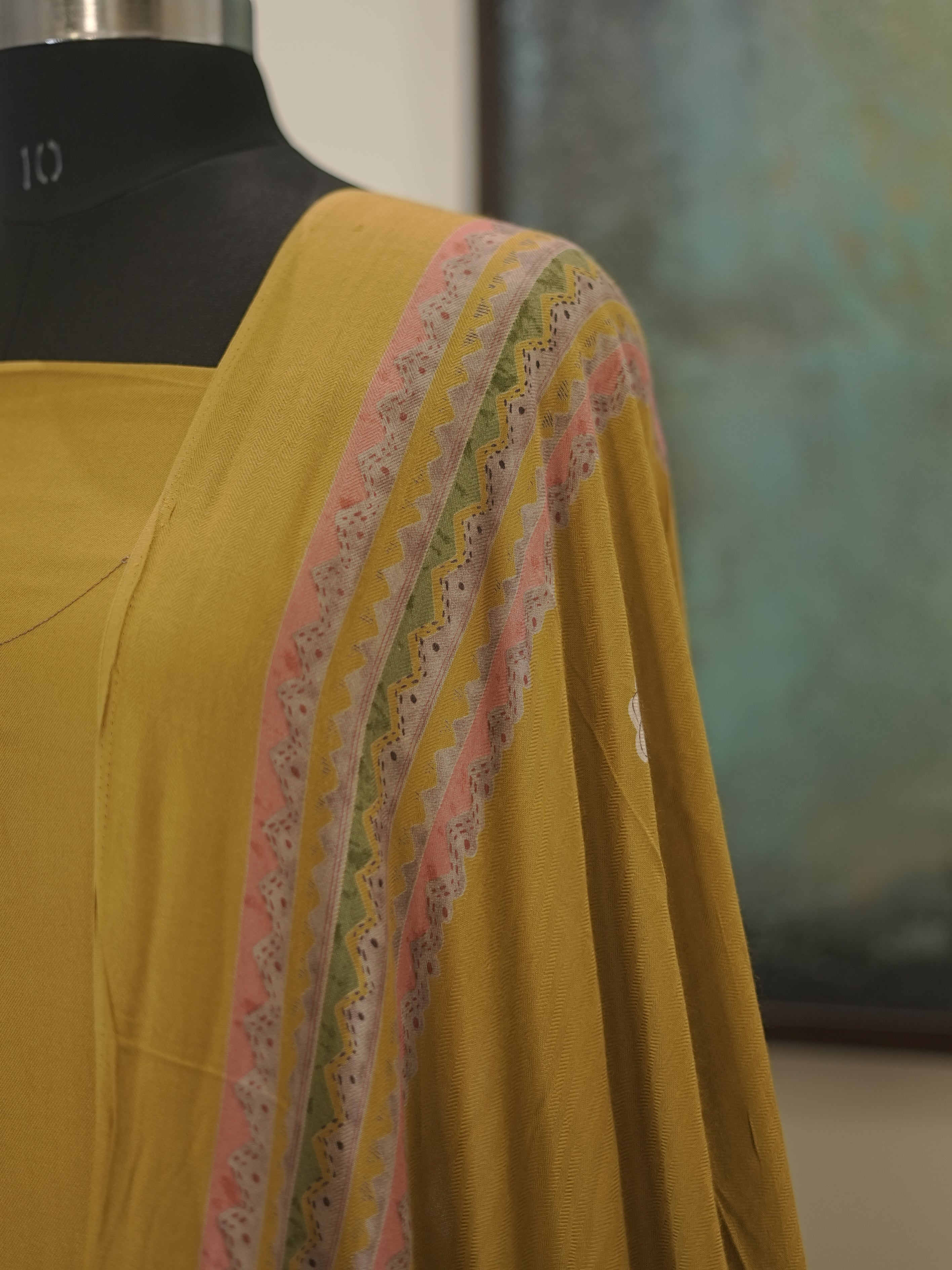 Yellow Digital printed semi pashmina with thread work