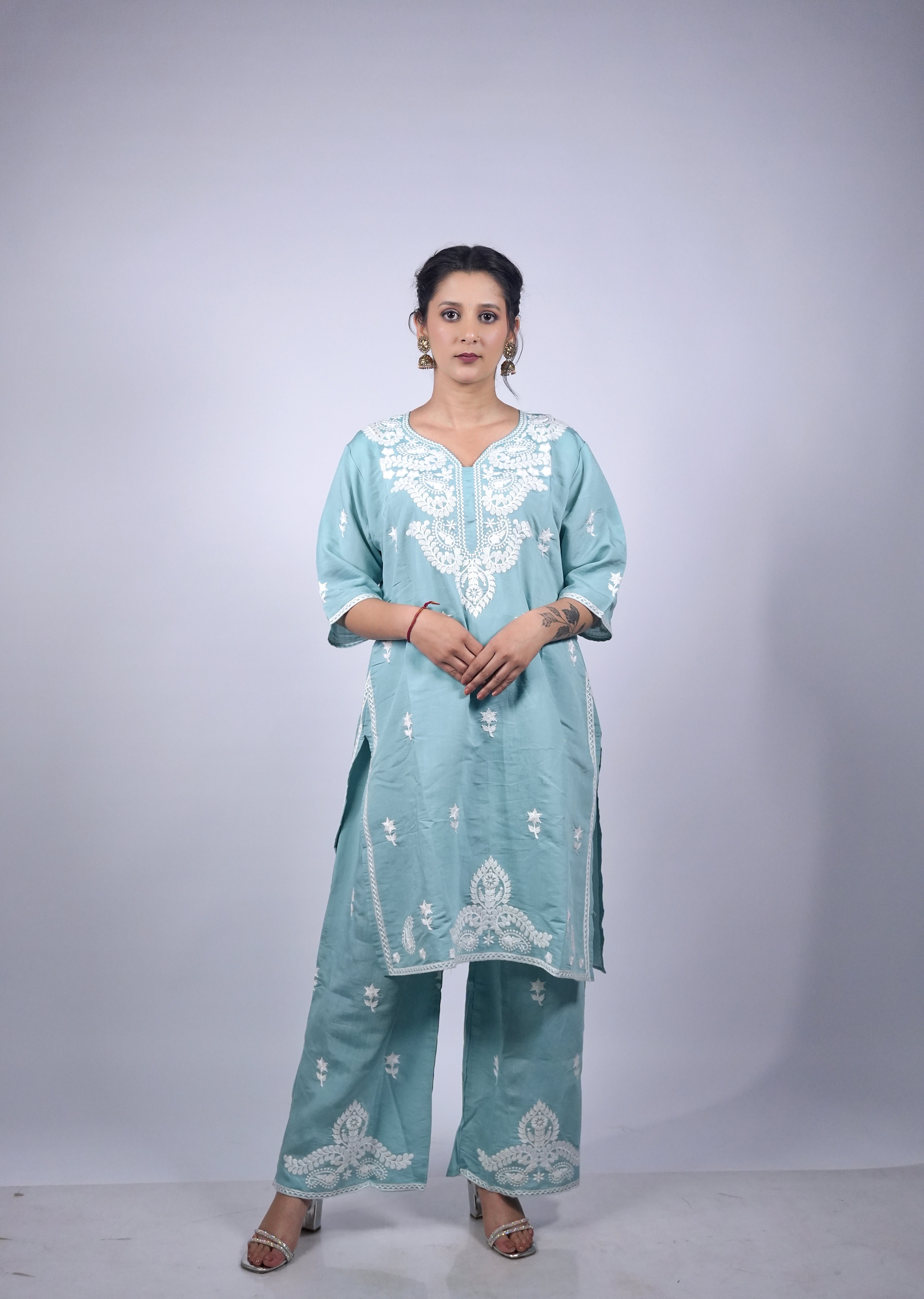 Aqua Blue Embroidered Cotton Co-Ord Set