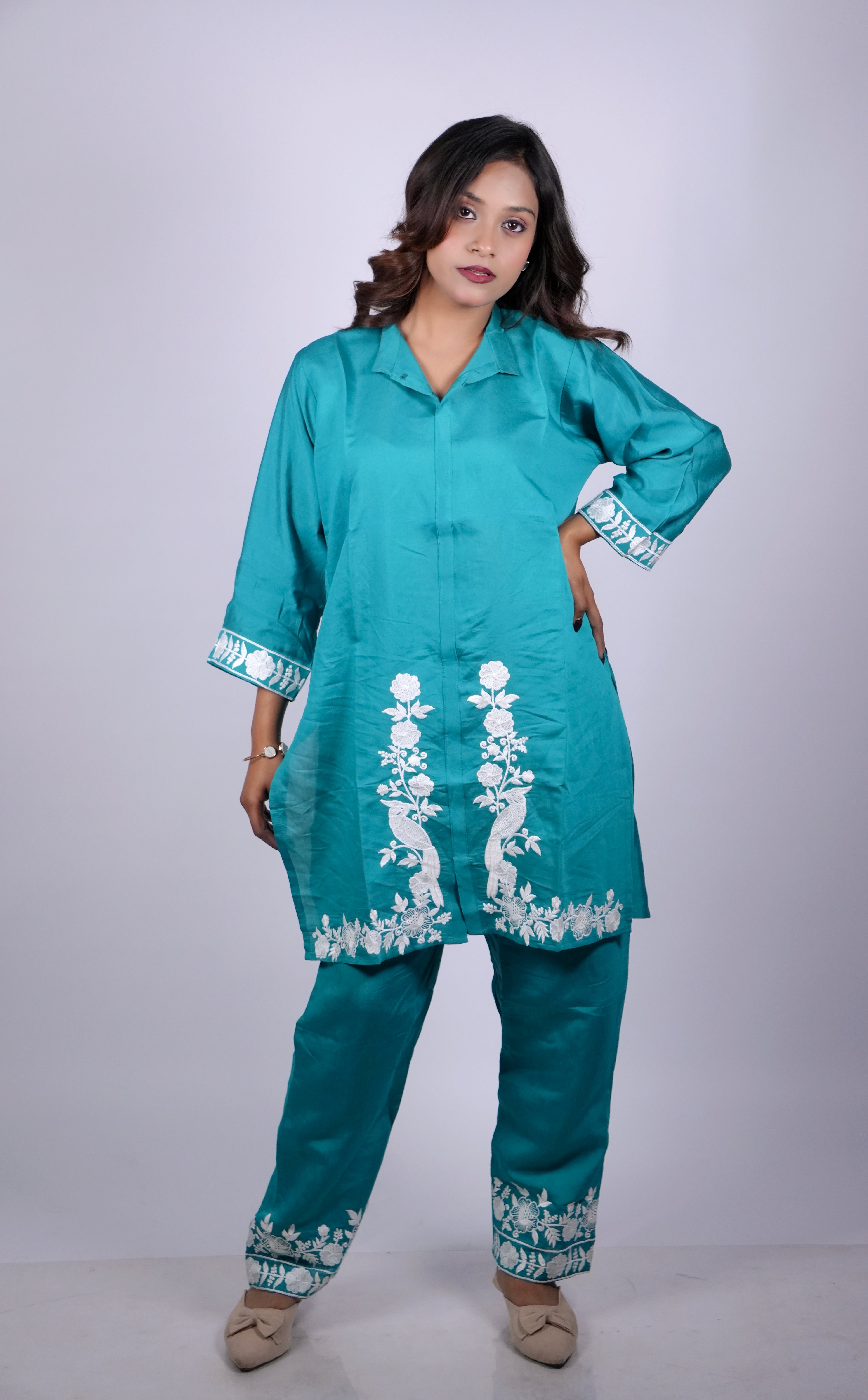 Elegant Bluish Teal Cotton Coord Set with White Thread Work