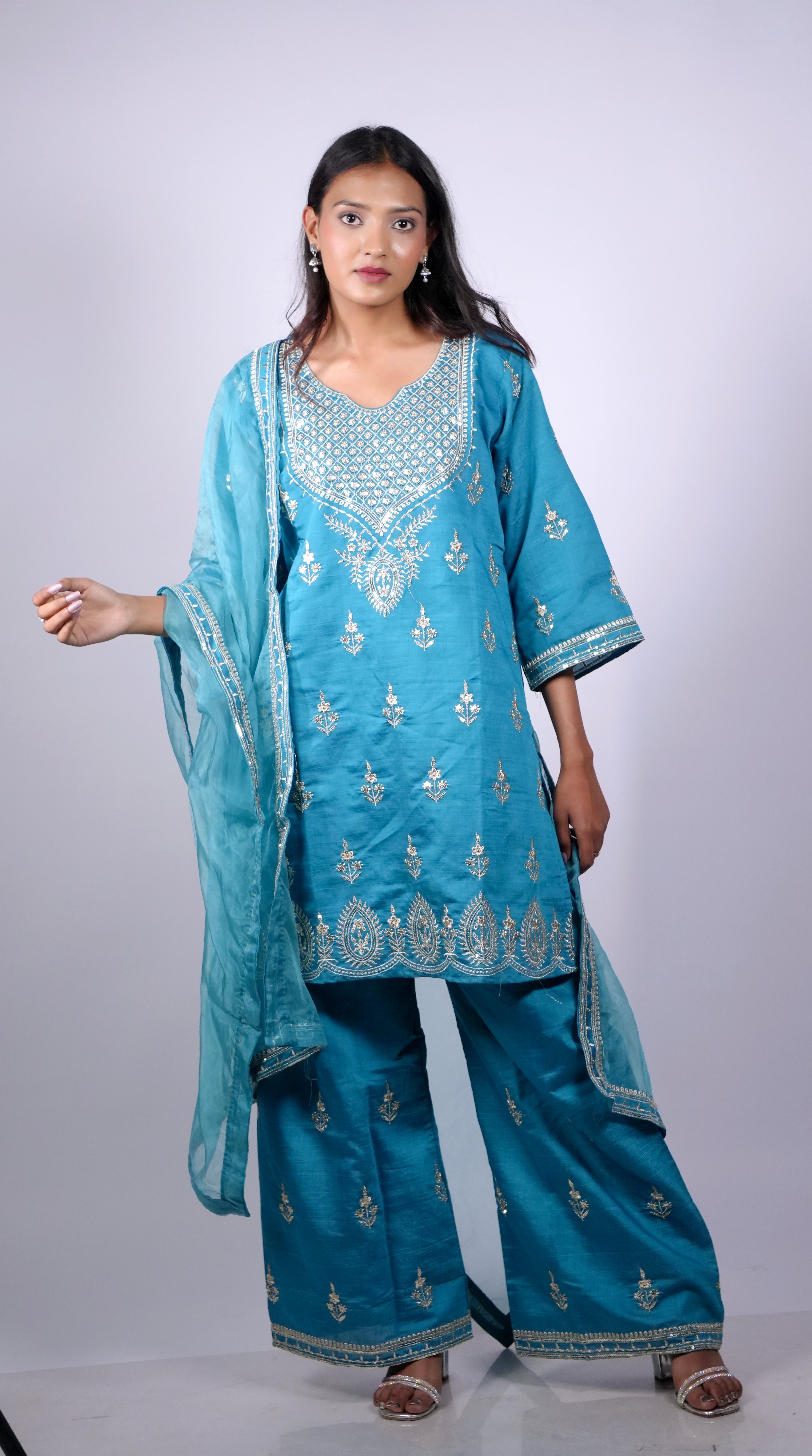 Teal Zari Embroidered Roman Silk 3-Piece Suit Set