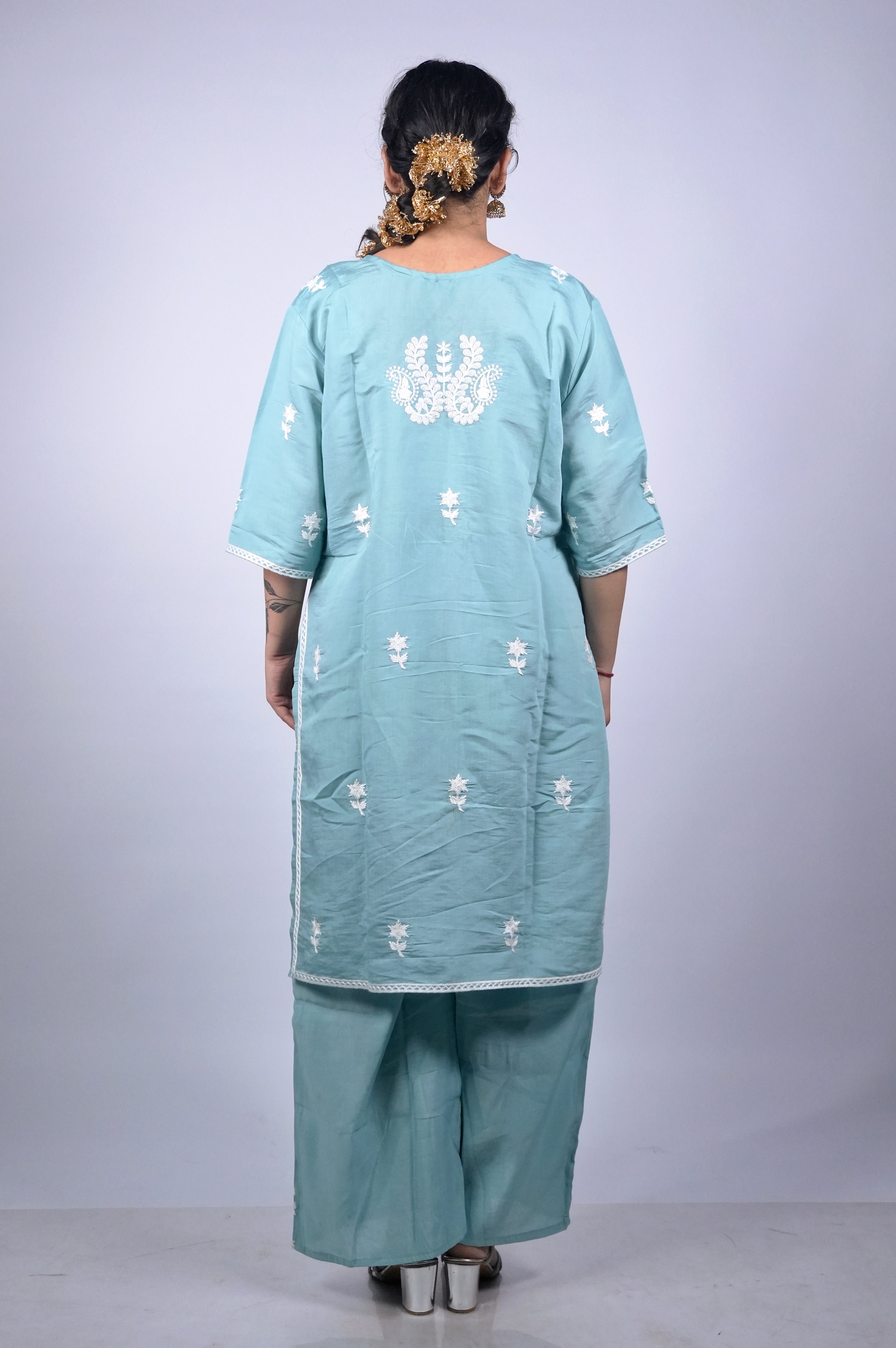 Aqua Blue Embroidered Cotton Co-Ord Set