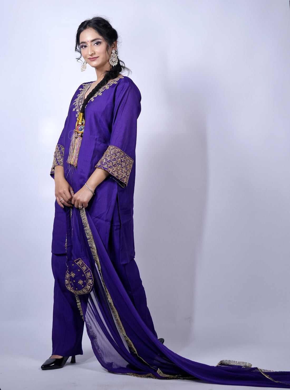Royal Purple Embroidered Kurta Set with Dupatta & Potli (3 Pc Set)