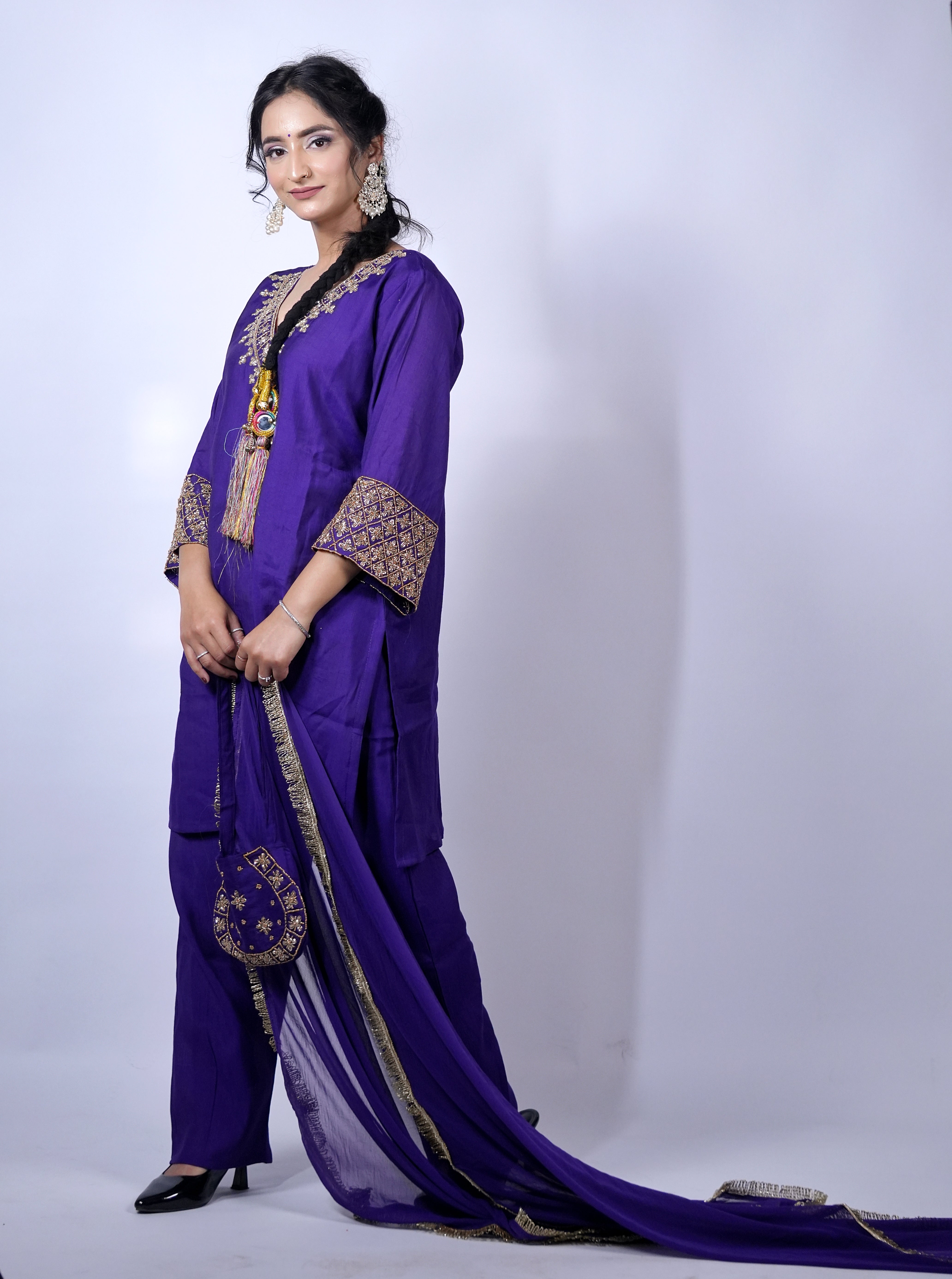Royal Purple Embroidered Kurta Set with Dupatta & Potli (3 Pc Set)