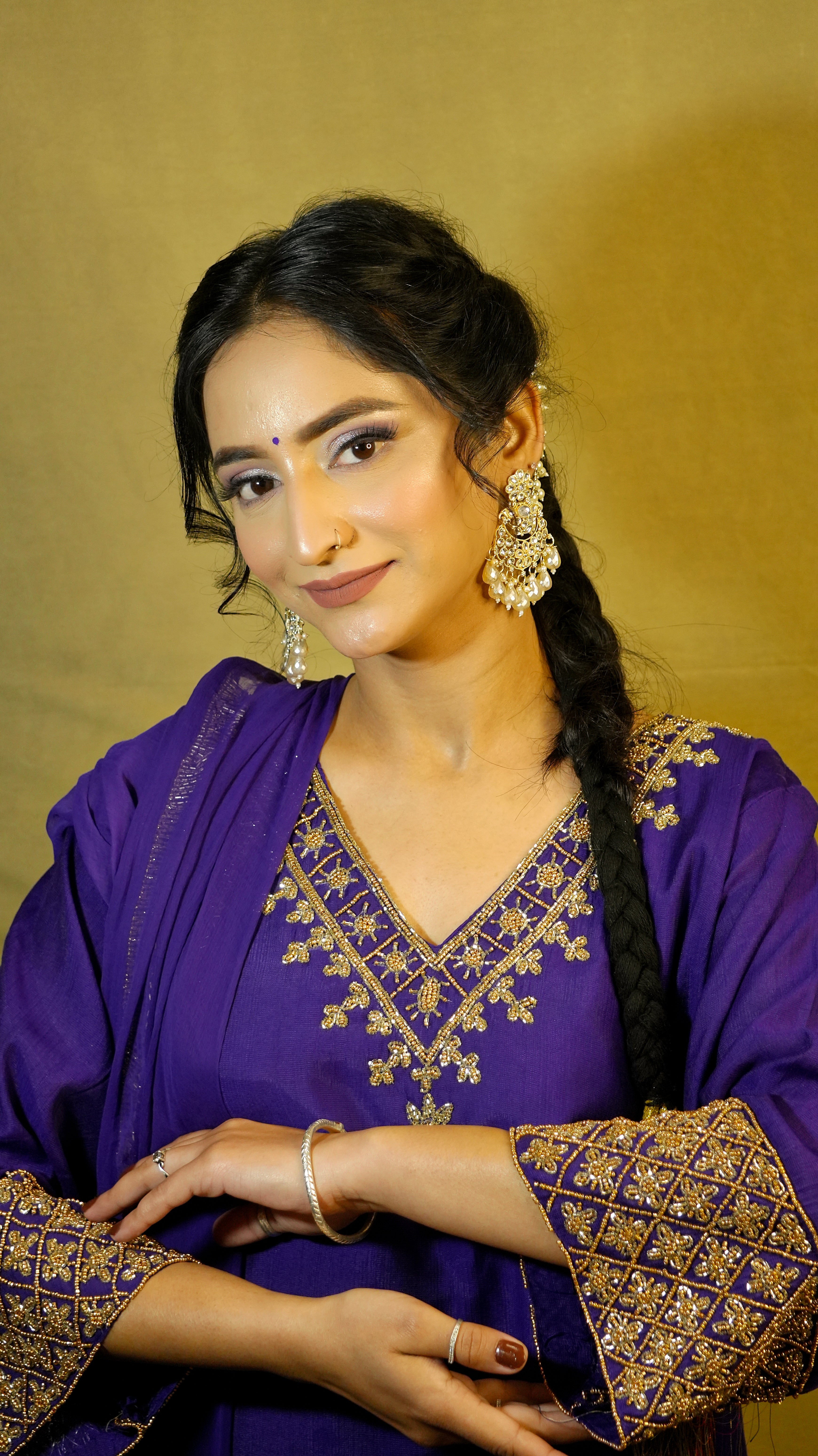 Royal Purple Embroidered Kurta Set with Dupatta & Potli (3 Pc Set)