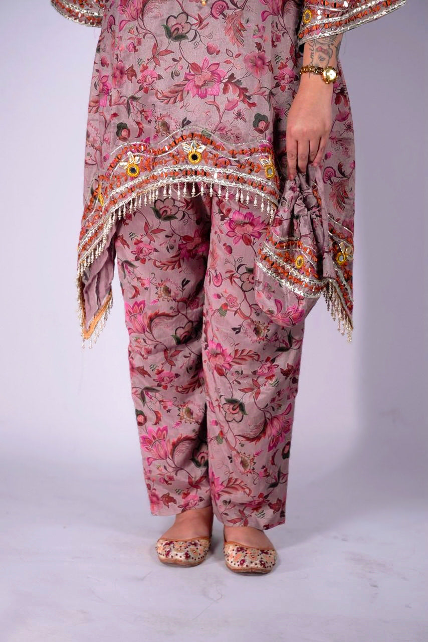 Floral Mirror work Asymmetrical Co-ord Set