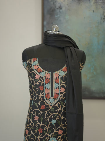 Black Kashida Embroidery Semi Pashmina Suit Set